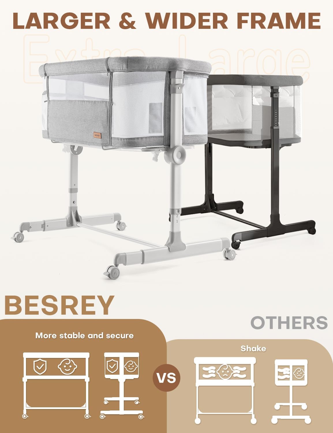 Besrey Baby Bassinet Bedside Sleeper - Extra Wide Adjustable Crib with Wheels & 360° Swivel Lock | 9 Height Positions for Newborns | Includes Mattress | Perfect for Nursery, Bedroom & Late-Night Feedings