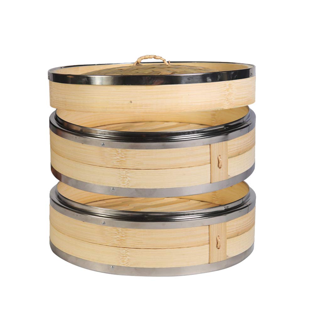18cm Bamboo Steamer with Stainless Steel Banding & Cover - 2 Tier Chinese Vegetable Steamer for Dumplings, Buns & Healthy Cooking - Perfect for Home Kitchen & Asian Cuisine