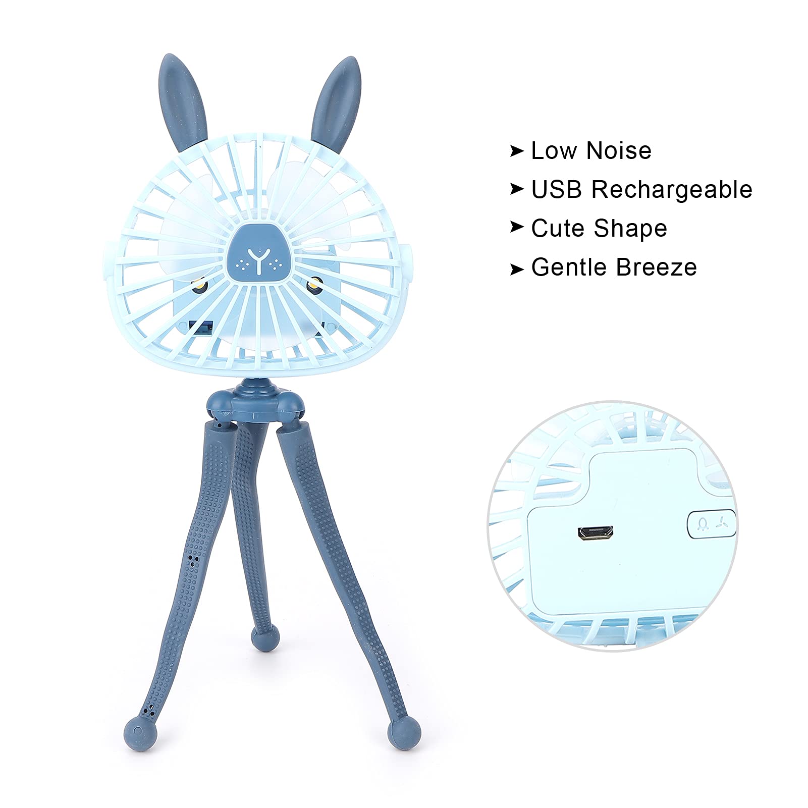 Dioche Mini Handheld Stroller Fan with Flexible Tripod - USB Rechargeable, Low Noise Baby Fan with Night Light - Perfect for Car Seats, Cribs, Bikes & Treadmills (Blue) - Ideal for Outdoor Activities, Travel & Nursery Use