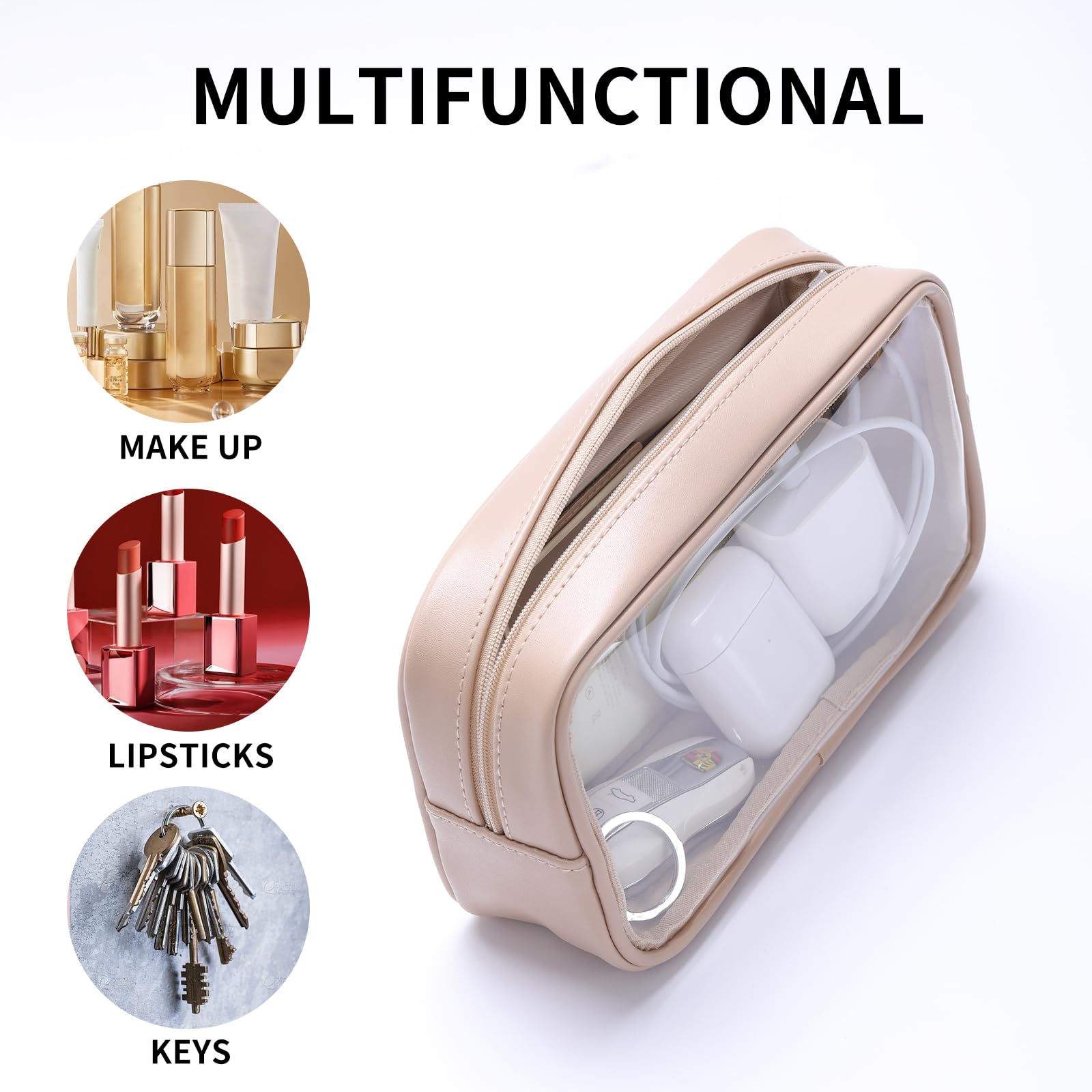 Clear Small Makeup Bag for Women - Travel Cosmetic Organizer with Zipper - Perfect for Purse, Toiletries & Accessories Storage (White) | Ideal for Travel, Gym & Daily Essentials Organization