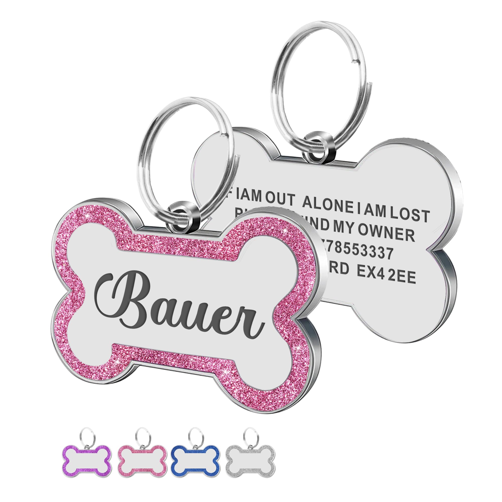 Personalized Glitter Engraved Dog Tags for Pets - Custom Name & Text Bone-Shaped ID Tag for Dogs, Cats, Puppies - Perfect for Collars, Grooming & Pet Safety (Pink, Small, Bone Design) - Ideal for Daily Walks, Vet Visits & Pet Identification