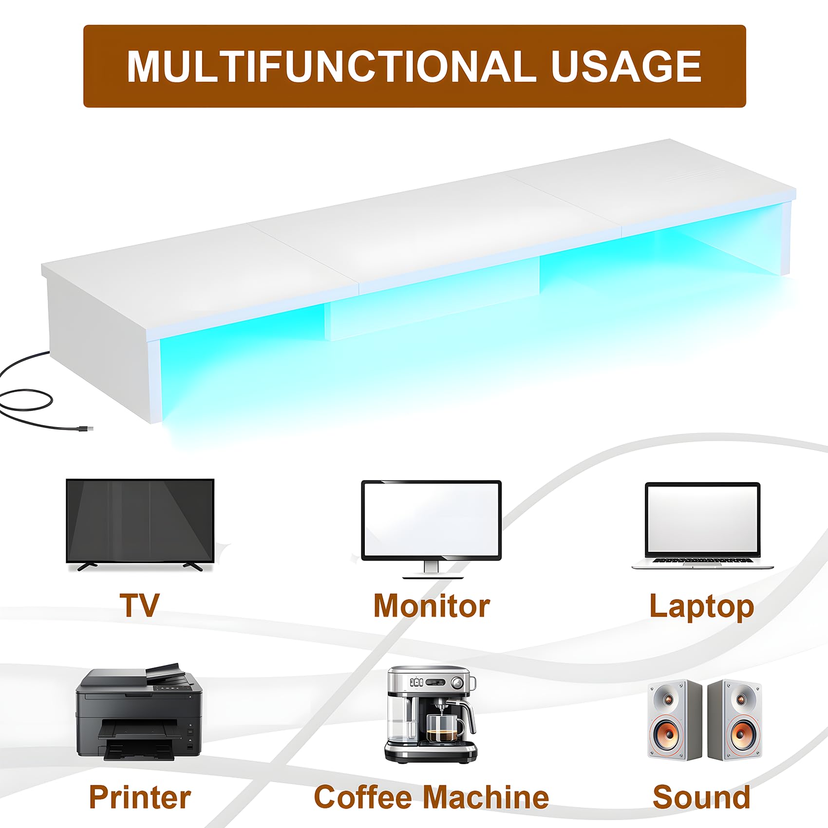 Dual Monitor Stand with LED Lights - Adjustable Large Desk Riser for 2 Computer Monitors, Laptop & TV - Space Saving Desktop Organizer for Home Office, Gaming Setup & Workstation (White)
