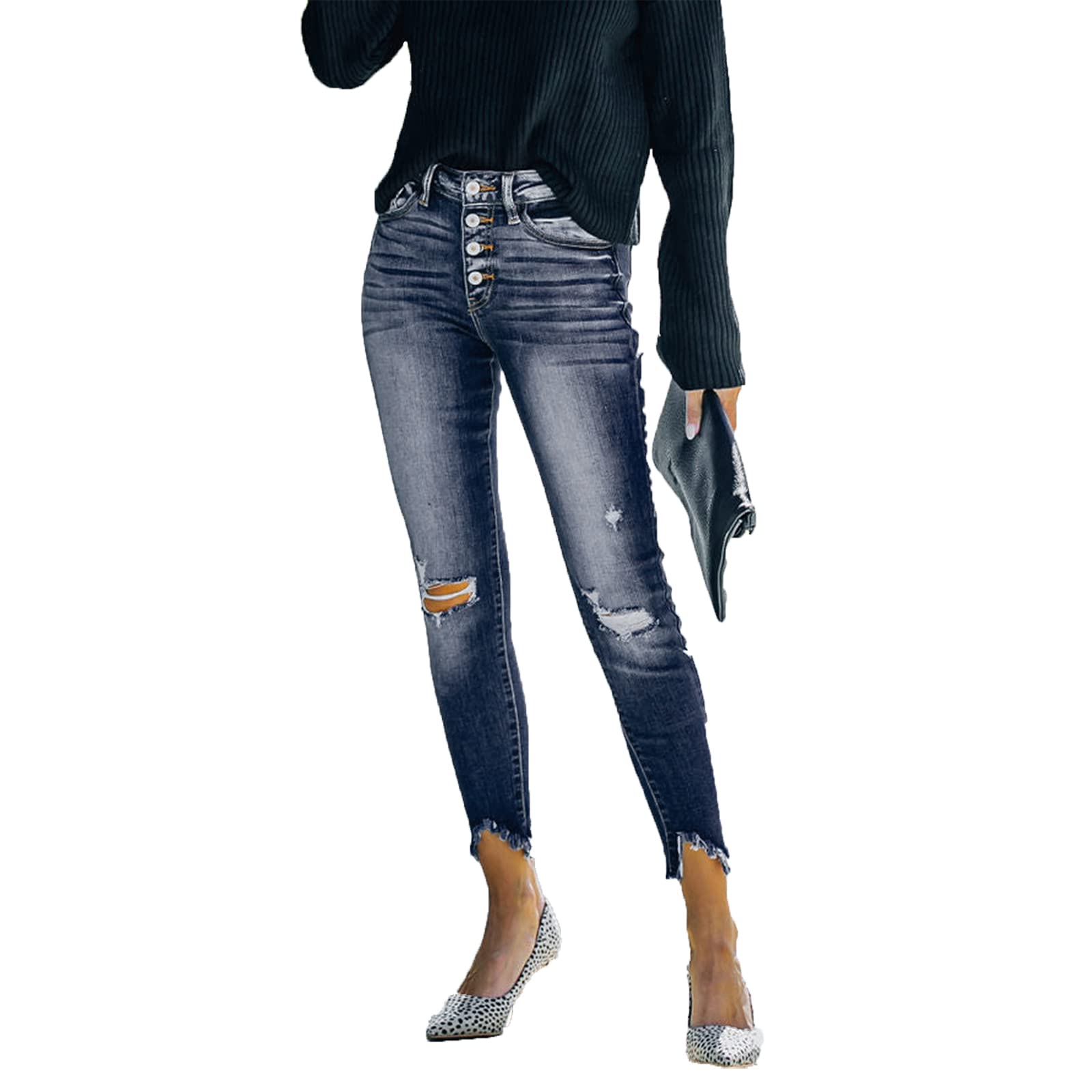 LONGYIDA Women's Ripped Stretch High Waist Skinny Jeans with Button Fly | Trendy Distressed Denim Pants for Casual Wear & Night Out