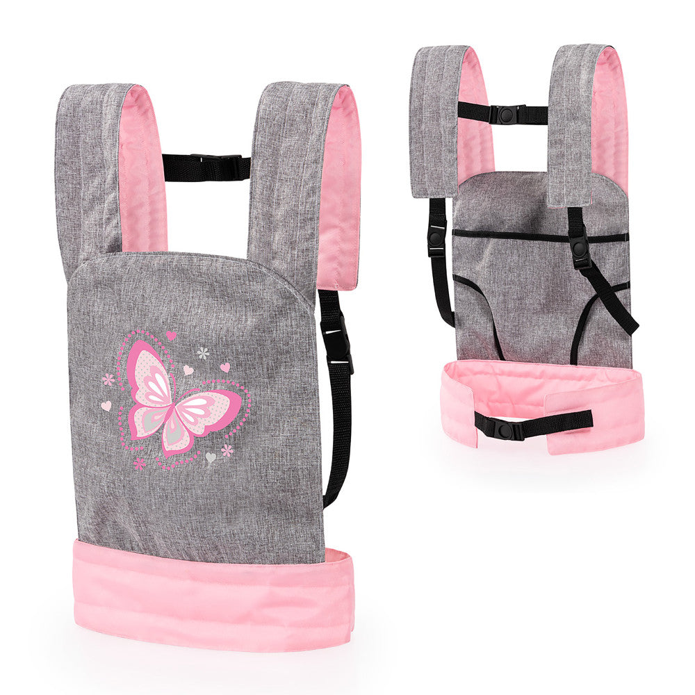 Bayer Design Adjustable Comfort Doll Carrier for Kids - Grey, Pink, Butterfly Print | Perfect for Pretend Play, Travel & Outdoor Adventures