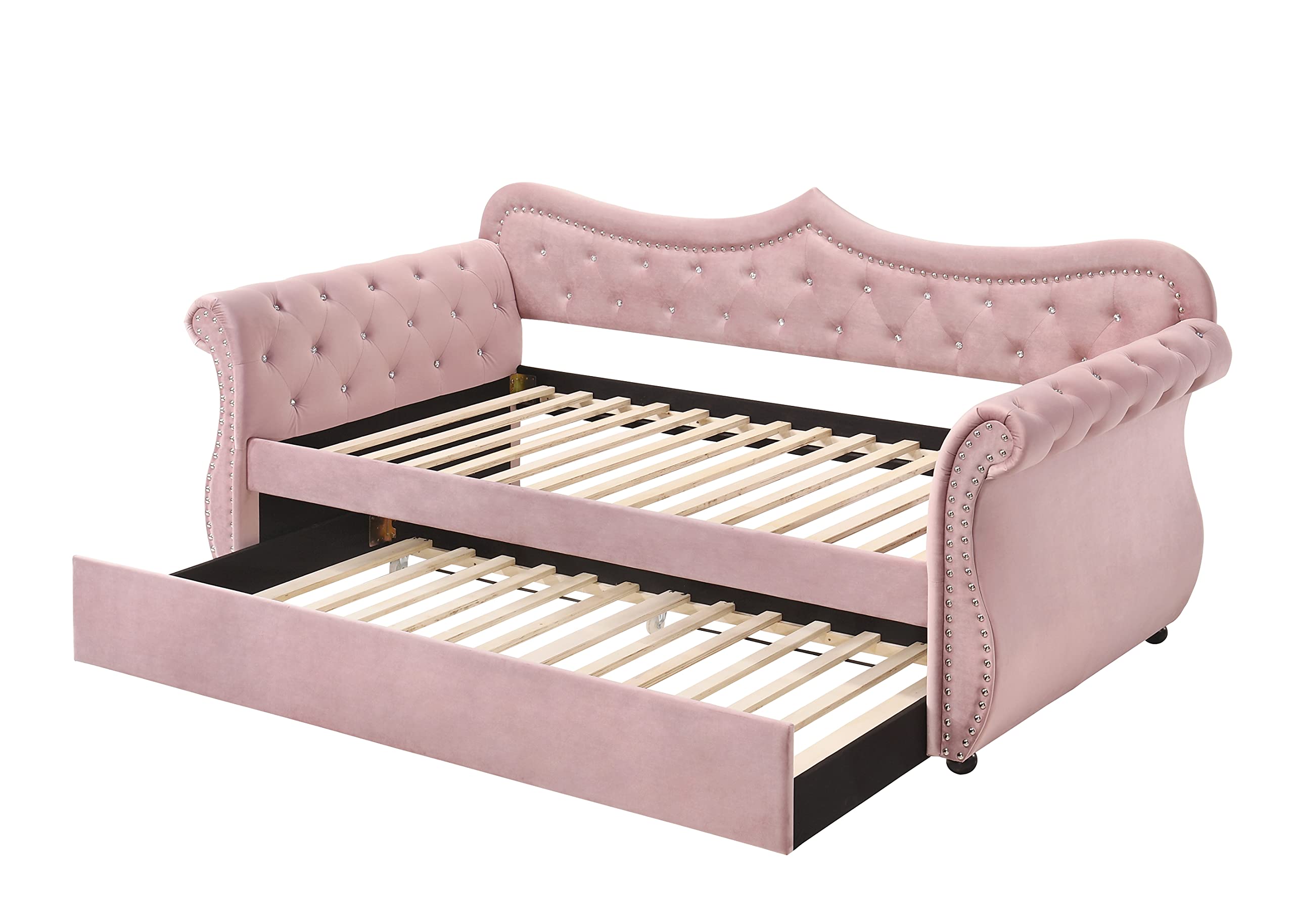 HABITRIO Twin Size Daybed with Trundle - Wood Frame, Button-Tufted Upholstery & Nailhead Trim, Curved Design Sofa Bed with Easy Pull-Out Trundle - Perfect for Small Spaces, Guest Room, Dorm or Apartment (Pink)