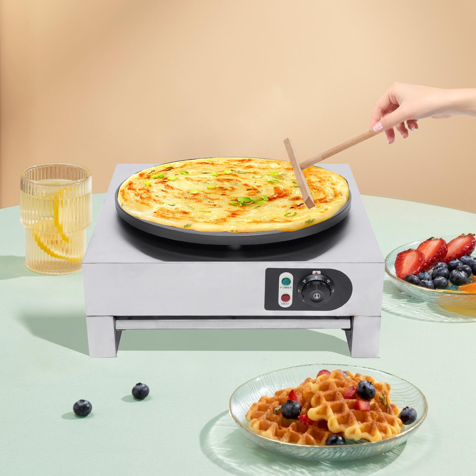 Commercial Electric Crepe Maker - 16 Inch Non-Stick 3000W Pancake Machine with Adjustable Temperature Control & Stainless Steel Base - Perfect for Restaurants, Cafes, and Home Breakfast Cooking