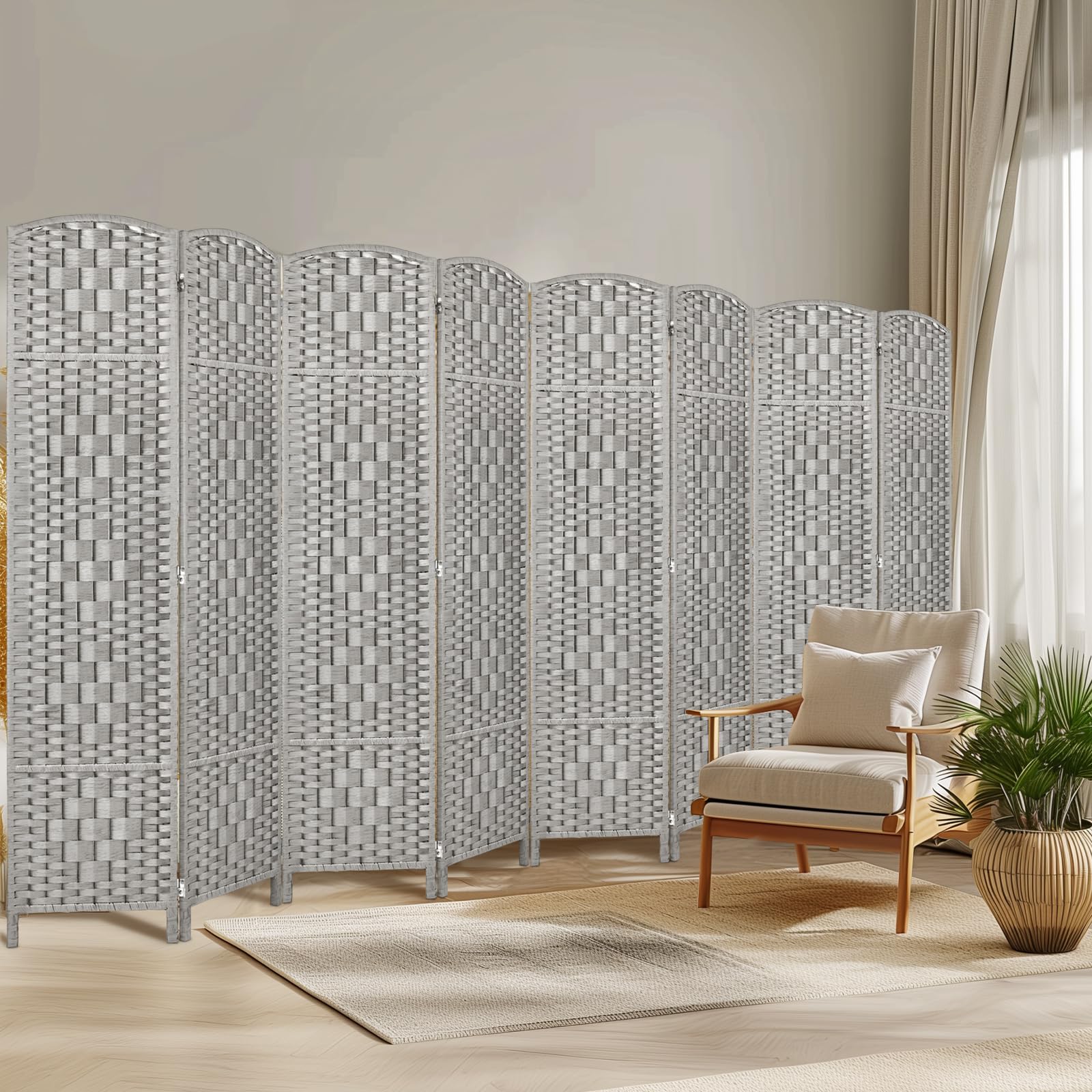6ft Room Divider Folding Privacy Screen - 8 Panel Space Separator for Home & Office, 16in Wide Grey Partition Wall for Bedroom, Living Room & Studio Use