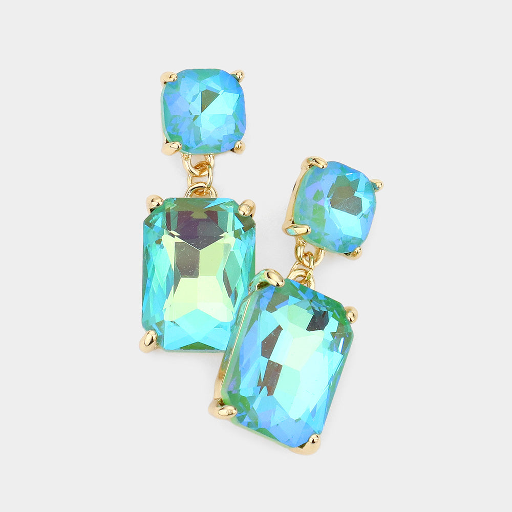 Aqua AB Square Stone Dangle Earrings for Pageant & Interview | Elegant Crystal Drop Earrings for Women | Perfect for Prom, Wedding & Formal Events