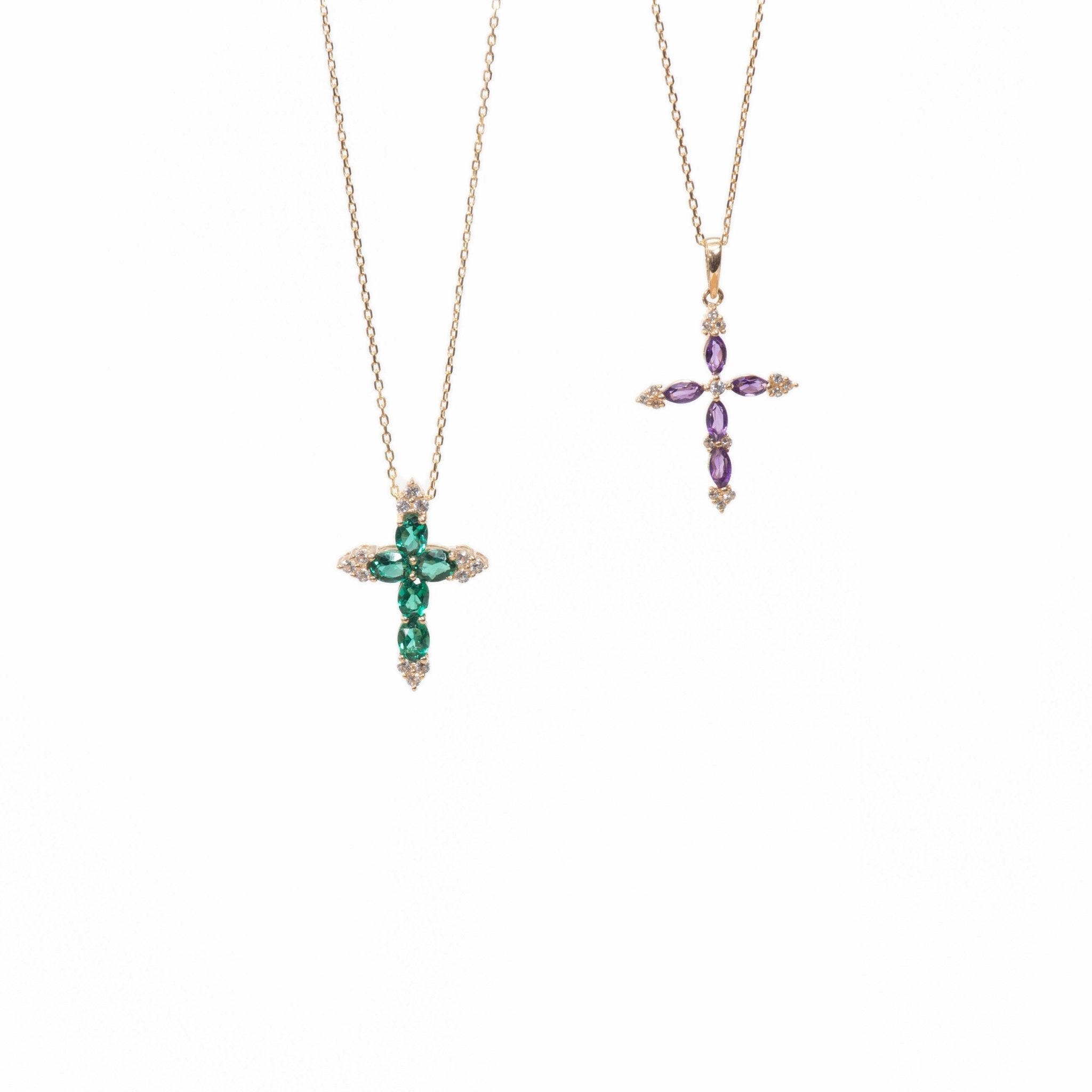 10k Yellow Gold Dainty Amethyst & White Sapphire Cross Pendant Necklace - Elegant Jewelry Gift for Women, Perfect for Church, Weddings & Special Occasions