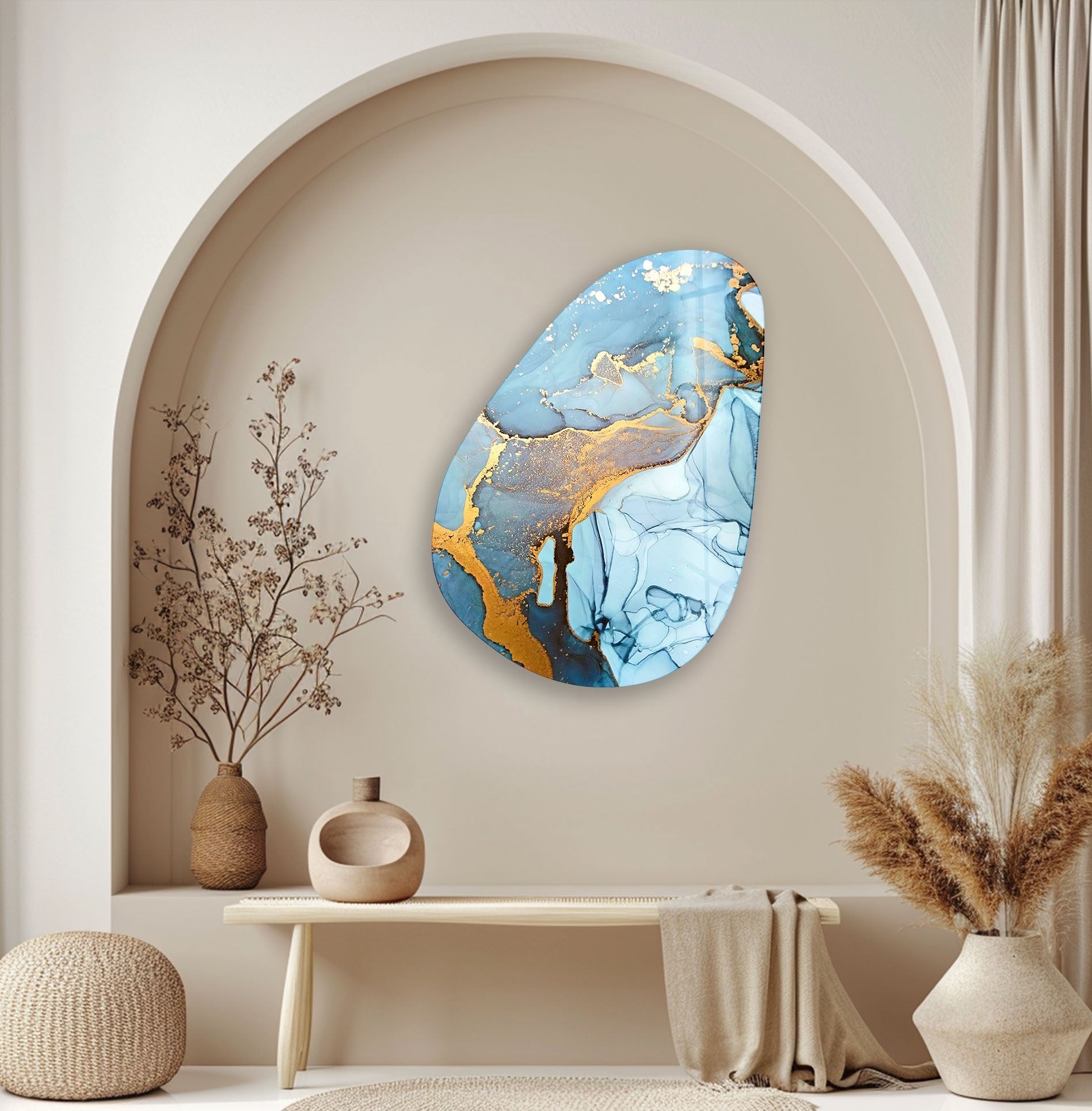 Abstract Blue & Gold Glass Wall Art - Modern Asymmetrical Oval Design for Living Room, Bedroom & Office Decor