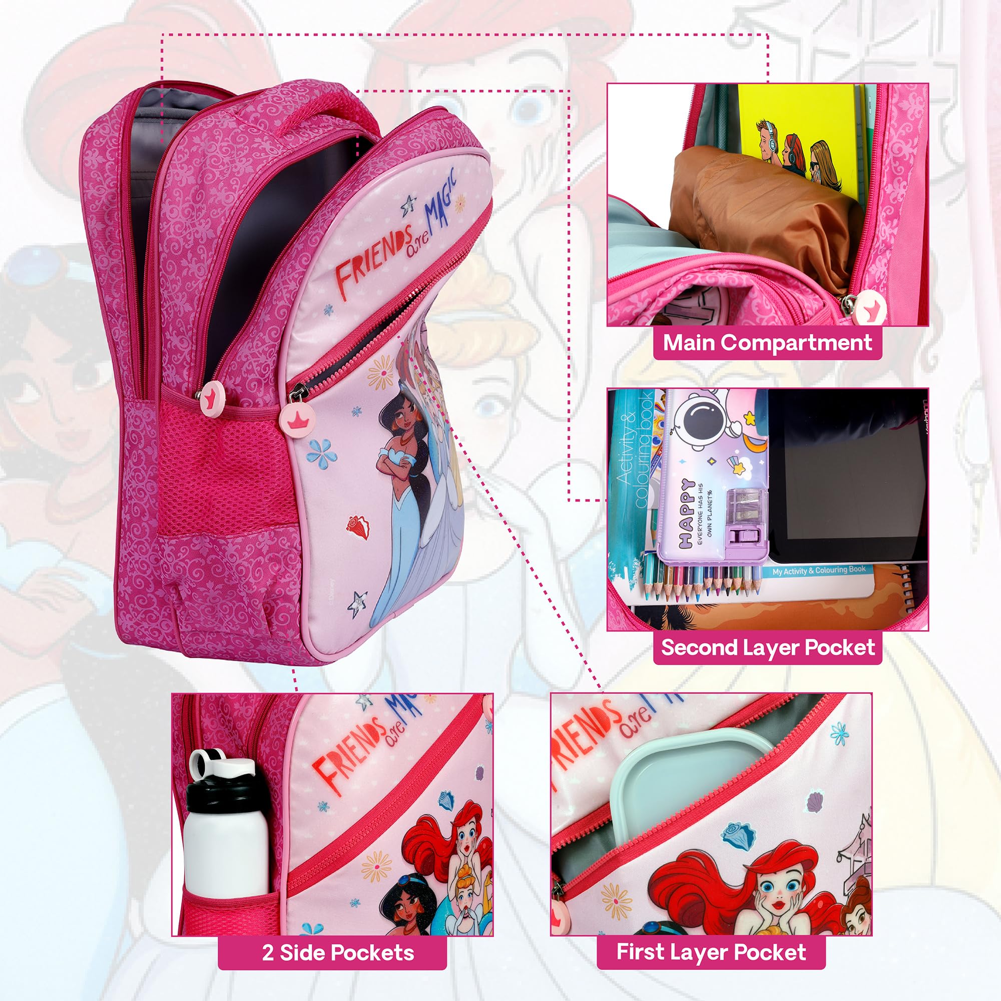 Disney Princess Magic School Backpack for Girls - 14 Inch Large Water Resistant Kids Backpack, 17L Capacity for School, Travel, Picnic | Perfect Gift for Girls | Durable & Stylish Backpack for Everyday Use