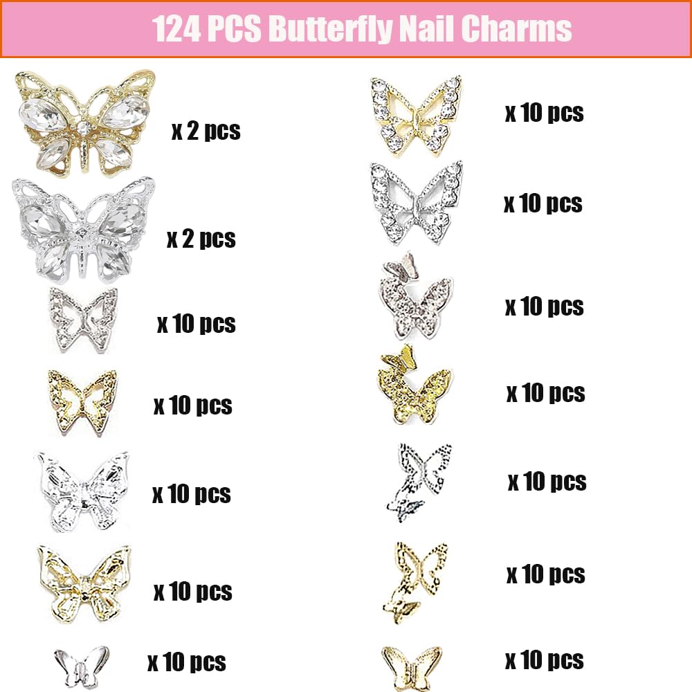 124 PCS Butterfly Nail Charms - Silver & Gold Butterfly Nail Art Gems Rhinestones for Women - Perfect for Nail Art Design, DIY Manicures, and Party Nail Decorations
