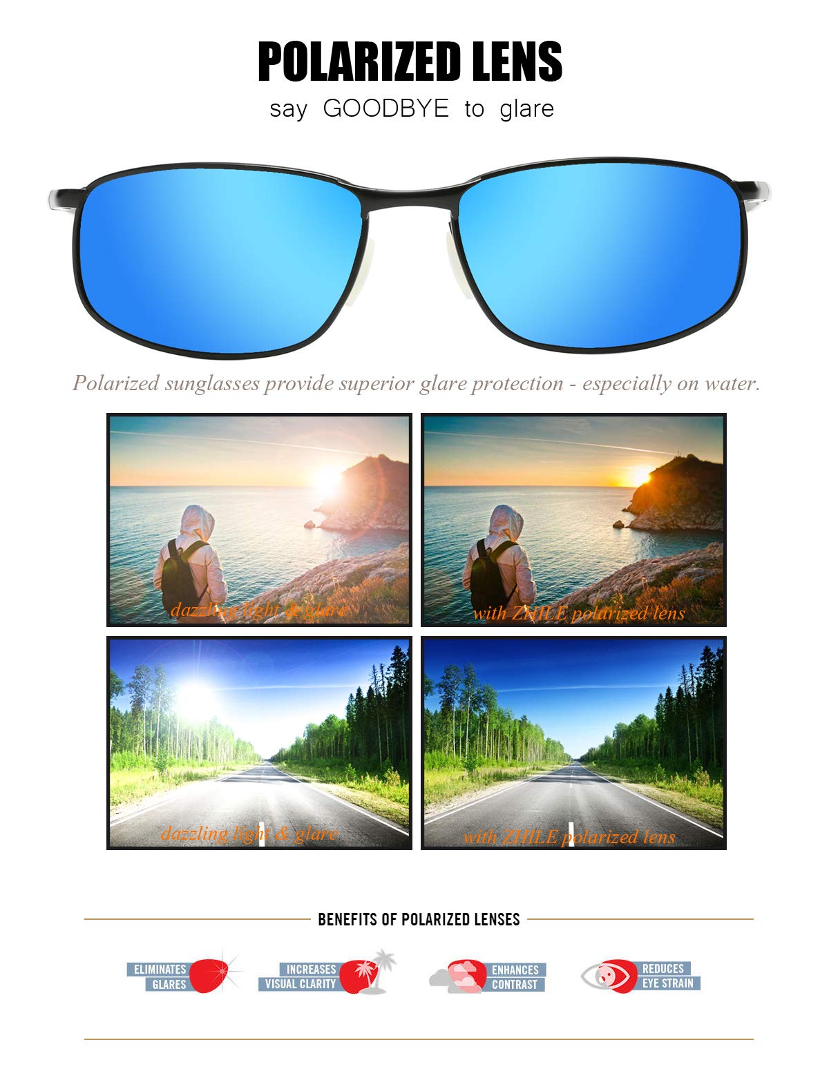 ZHILE Polarized Sunglasses for Men - 8-Base Curve Wrap Metal Frame UV Protection Sunglasses for Fishing, Sports & Driving - Includes Sunglasses Case - Perfect for Outdoor Activities, Beach & Road Trips