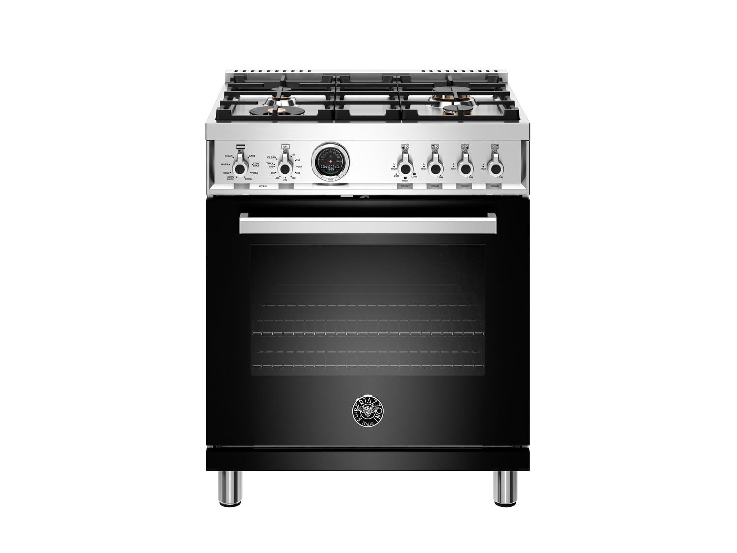 Bertazzoni PROF304DFSNET 30 Inch Dual Fuel Range with 4 Brass Burners & Self-Cleaning Electric Oven in Nero Black - Perfect for Modern Kitchens & Professional Cooking