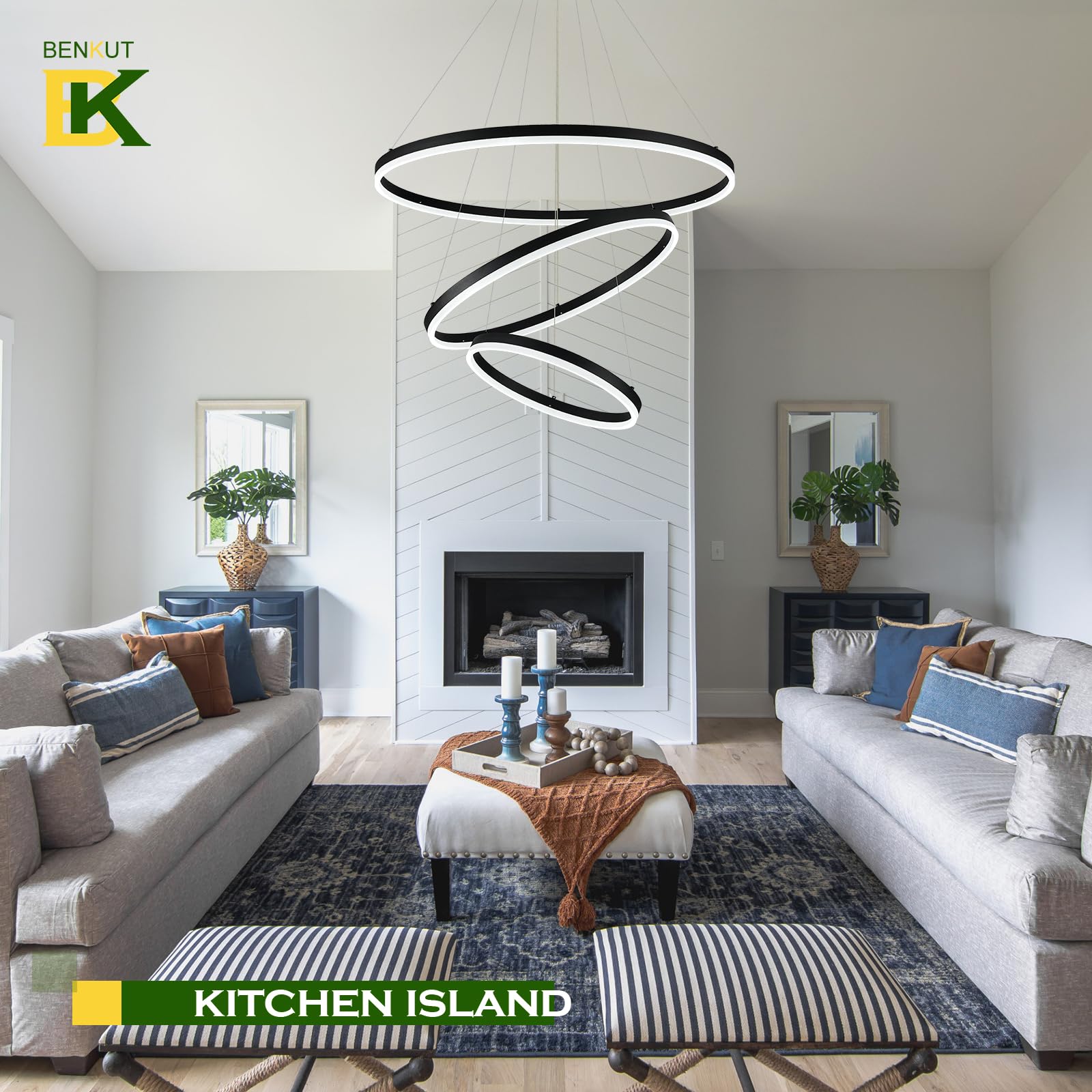 Modern 3-Ring LED Chandelier - Black Dimmable Pendant Light with Remote Control, Circular Flush Mount Ceiling Fixture (3000K-6500K Adjustable, 71cm Height) for Dining Room, Living Room, Bedroom & Entryway - Perfect for Contemporary Home Decor and Ambient Lighting