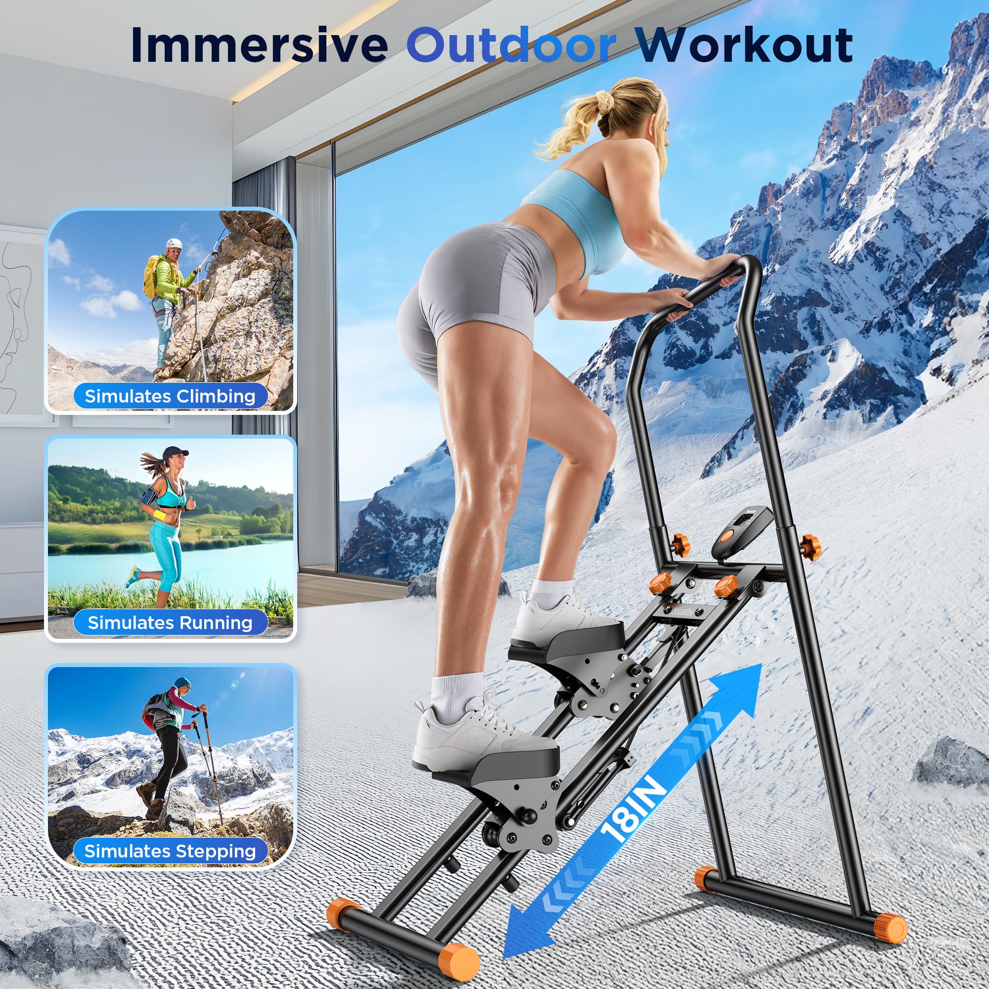 Niceday Stepper Machine for Home Workout - 18IN Extended Stride Stair Climber with Adjustable Handlebar & Pedals, Foldable Vertical Climber Exercise Equipment (300LBS Capacity) - Perfect for Cardio, Leg Toning & Home Gym Fitness