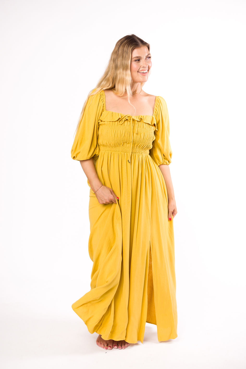 Devon Smocked Maternity Maxi Dress in Mustard Yellow - Bump Friendly Flowy Summer Dress for Pregnancy, Beach & Special Occasions