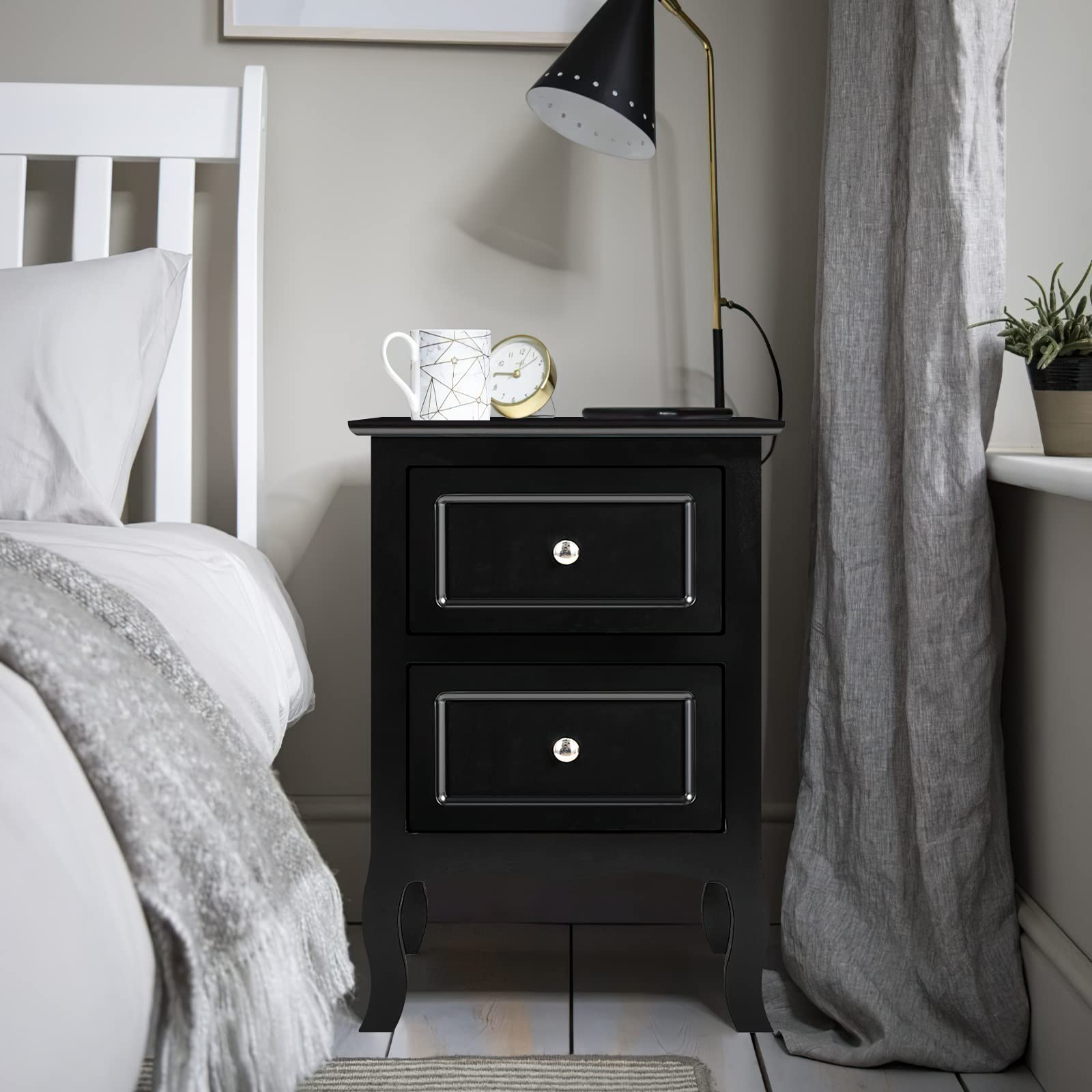 VERYKE Nightstand Set of 2 with 2 Drawers - Small Bedside Table with Metal Handles, Farmhouse Style Storage Cabinet for Bedroom, Living Room, Office - Perfect for Small Spaces & Home Organization (Black)