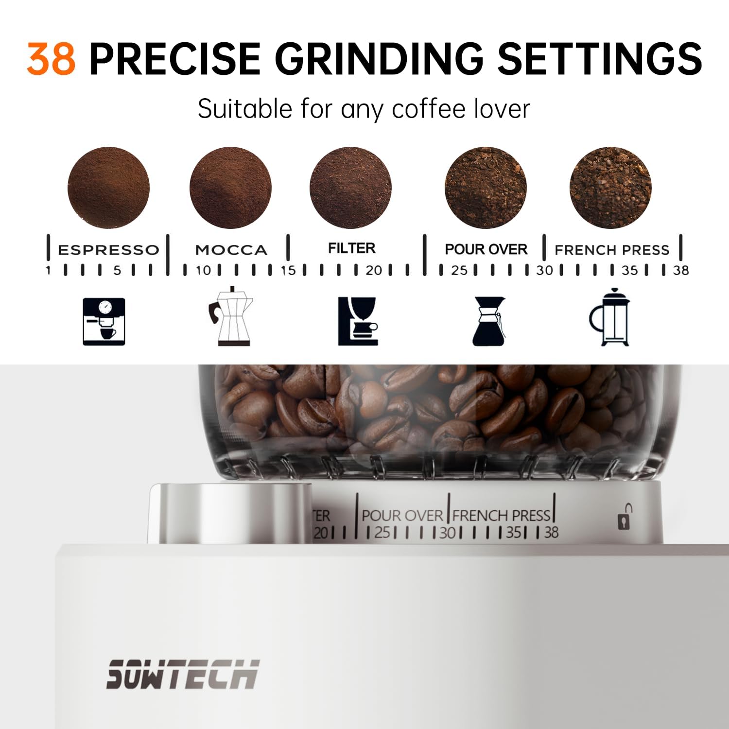 Premium Conical Burr Coffee Grinder - 38 Precise Grind Settings & Digital Timer for Espresso, Drip, Pour Over, Cold Brew & French Press - Perfect for Home Baristas & Coffee Enthusiasts (Beige) | Ideal for Morning Brews, Office Use & Gourmet Coffee Preparation