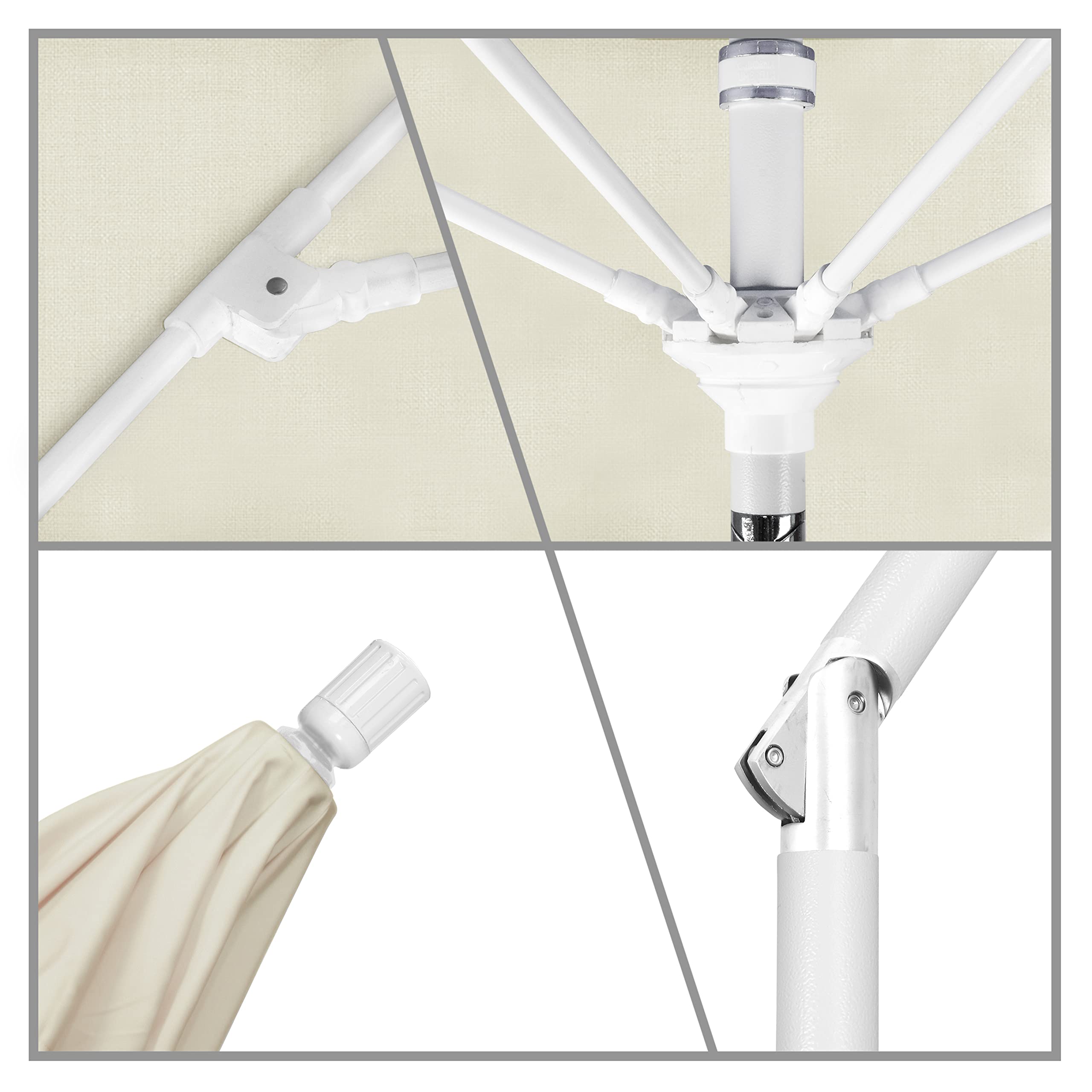 9' Round California Patio Umbrella with Crank Lift & Tilt - Aluminum Pole & Fiberglass Ribs - White Canvas for Outdoor Dining, Poolside & Garden Relaxation