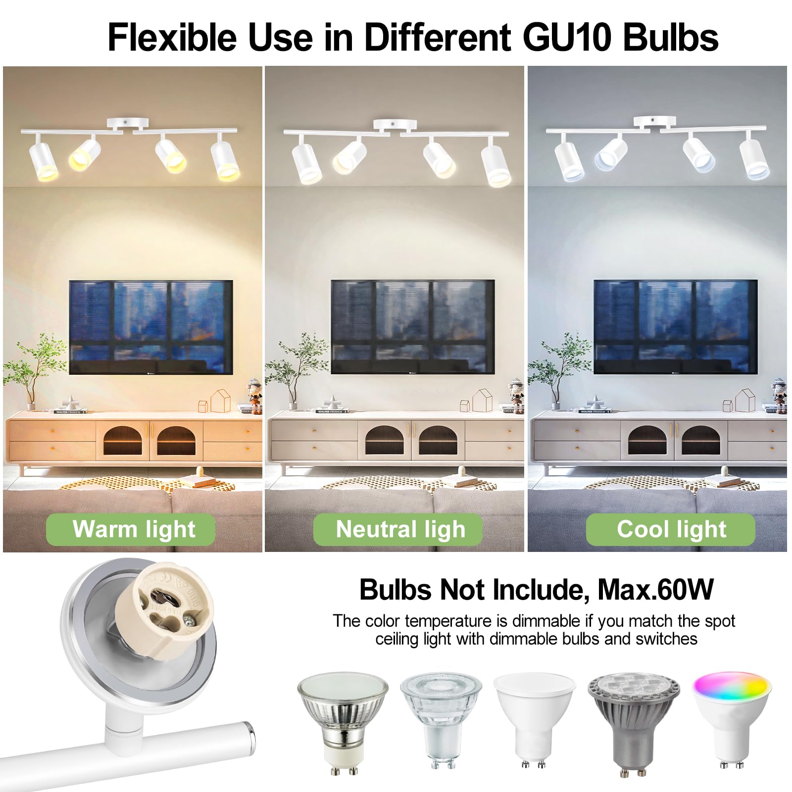 4-Light LED Track Lighting Kit - Flexible Rotatable GU10 Fixtures for Ceiling, Matte White (Bulbs Not Included) - Perfect for Kitchen, Home Office, Laundry Room & Modern Interior Lighting