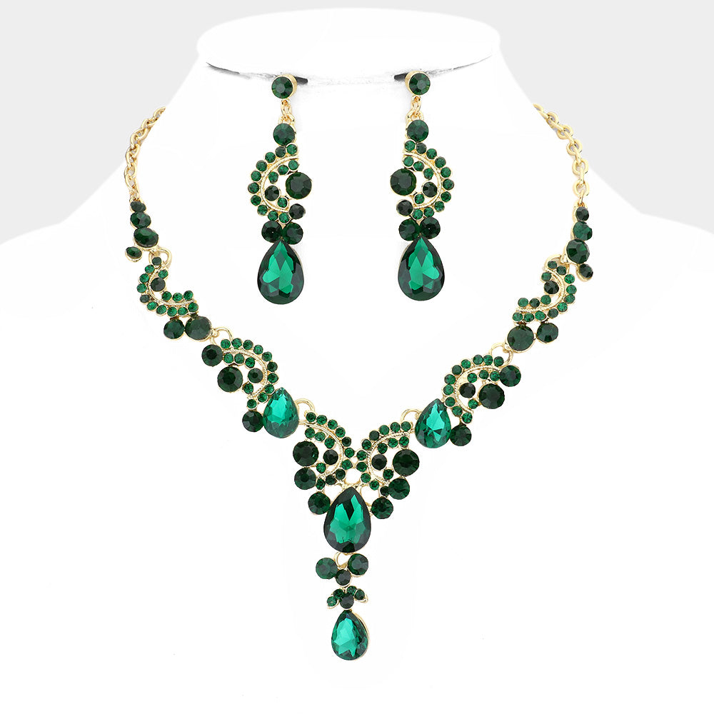 Emerald Teardrop Stone Prom Necklace Set - Elegant Statement Jewelry for Women | Perfect for Prom, Wedding & Special Occasions | 566582