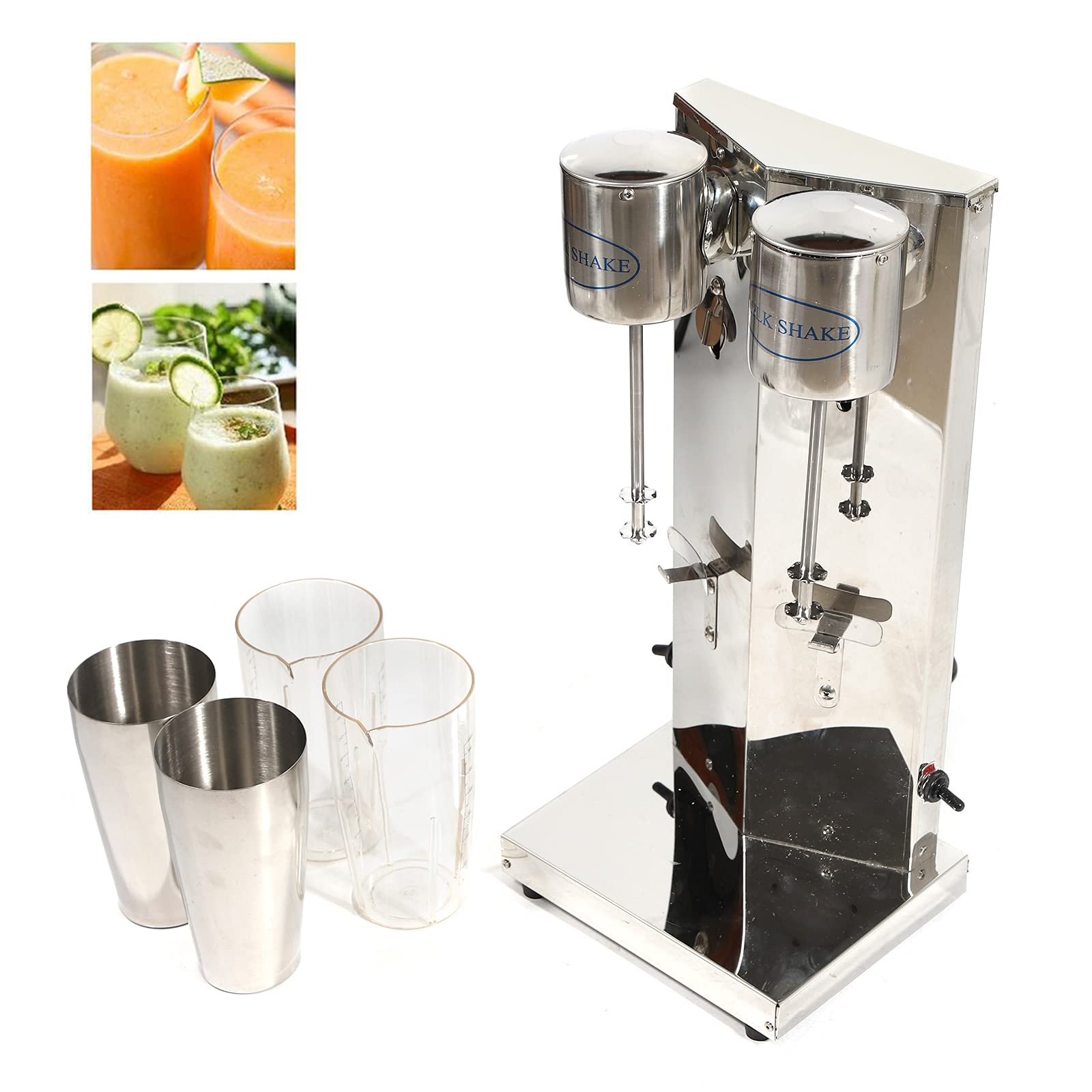 Commercial Double Head Milk Shake Machine - Stainless Steel Electric Shaker for Smoothies, Protein Drinks & Cocktails - Includes 4 Cups (2 Stainless Steel + 2 PP) - Perfect for Home Bars, Cafes & Restaurants
