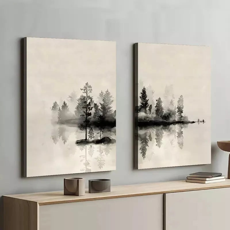 2-Piece Abstract Trees and Lake Framed Canvas Wall Art - 50x75cm High Quality Print, 100% Australian Made, Ready to Hang - Perfect for Living Room, Bedroom & Office Decor
