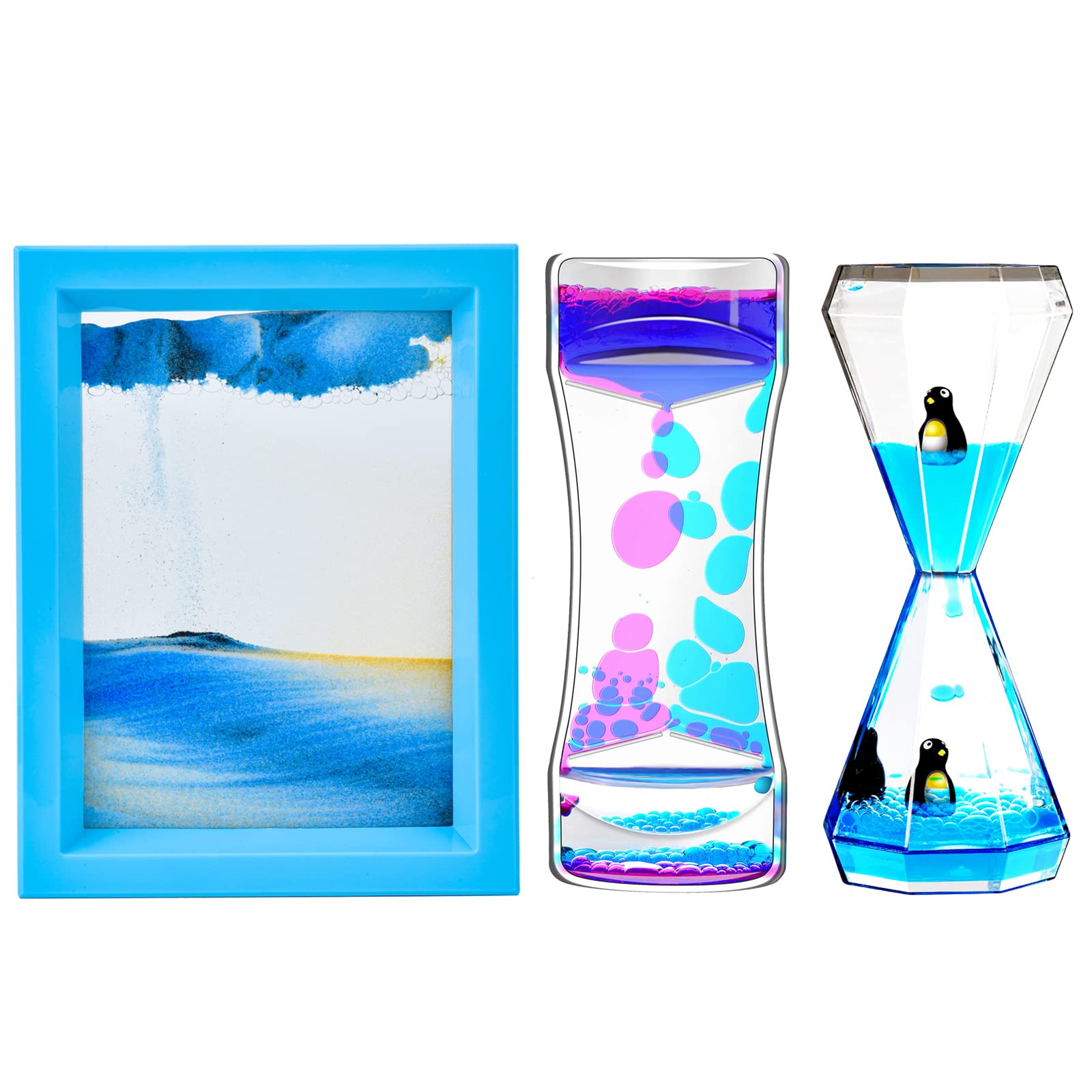 FKYTION Liquid Motion Bubbler, Diamond Penguin Timer & Moving Sand Art - 3-Pack Relaxing Desk Toys for Stress Relief, ADHD & Office Decor | Perfect Gift for Kids & Adults | Calming Sensory Fidget Toys for Anxiety Relief & Focus