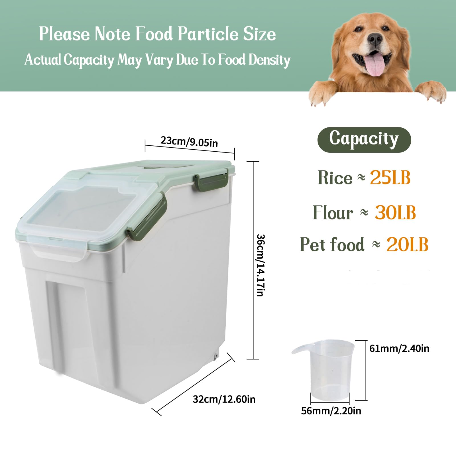 25lb Large Airtight Flour Storage Container with Wheels - 4 Pack BPA-Free Food Storage Bins with Seal Locking Lid & Measuring Scoop - Perfect for Flour, Rice, Grains, Baking Supplies & Bulk Food Storage (Green)