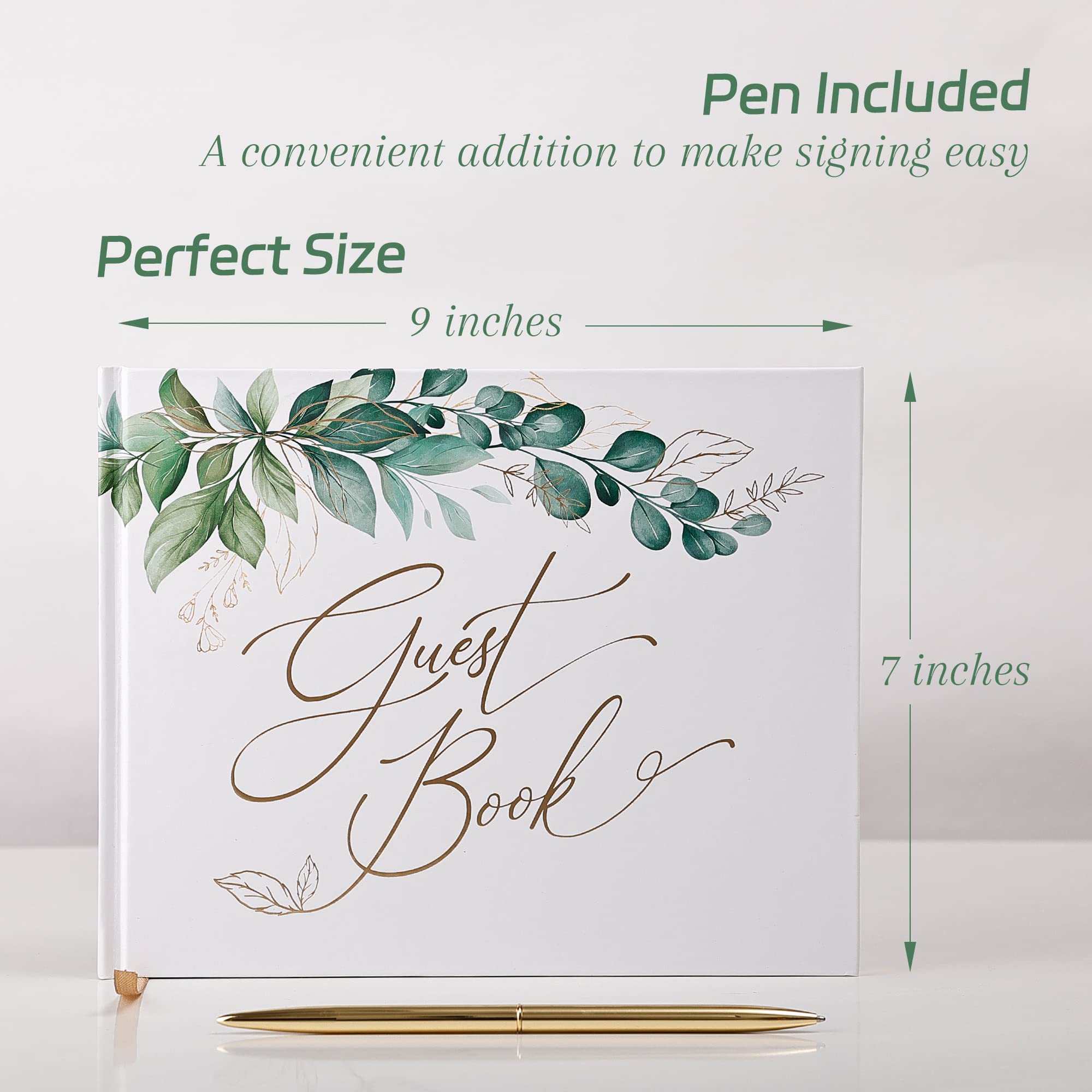 Elegant Gold Foil Greenery Wedding Guest Book 7x9 Inches - Includes Pen & Table Sign - Perfect for Wedding, Bridal Shower, Baby Shower, Graduation, Birthday, Anniversary & Funeral Guest Registry - Ideal for Reception Decor & Keepsake Memories