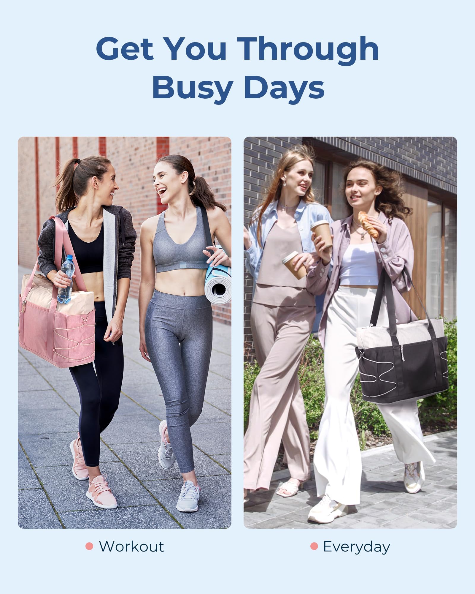 BAGSMART Women's Foldable Travel Tote Bag with Zipper - Large Lightweight Gym Bag for Workout, Yoga, Beach & Everyday Use - Perfect as Carry-On, Sports, Shopping & Work Bag