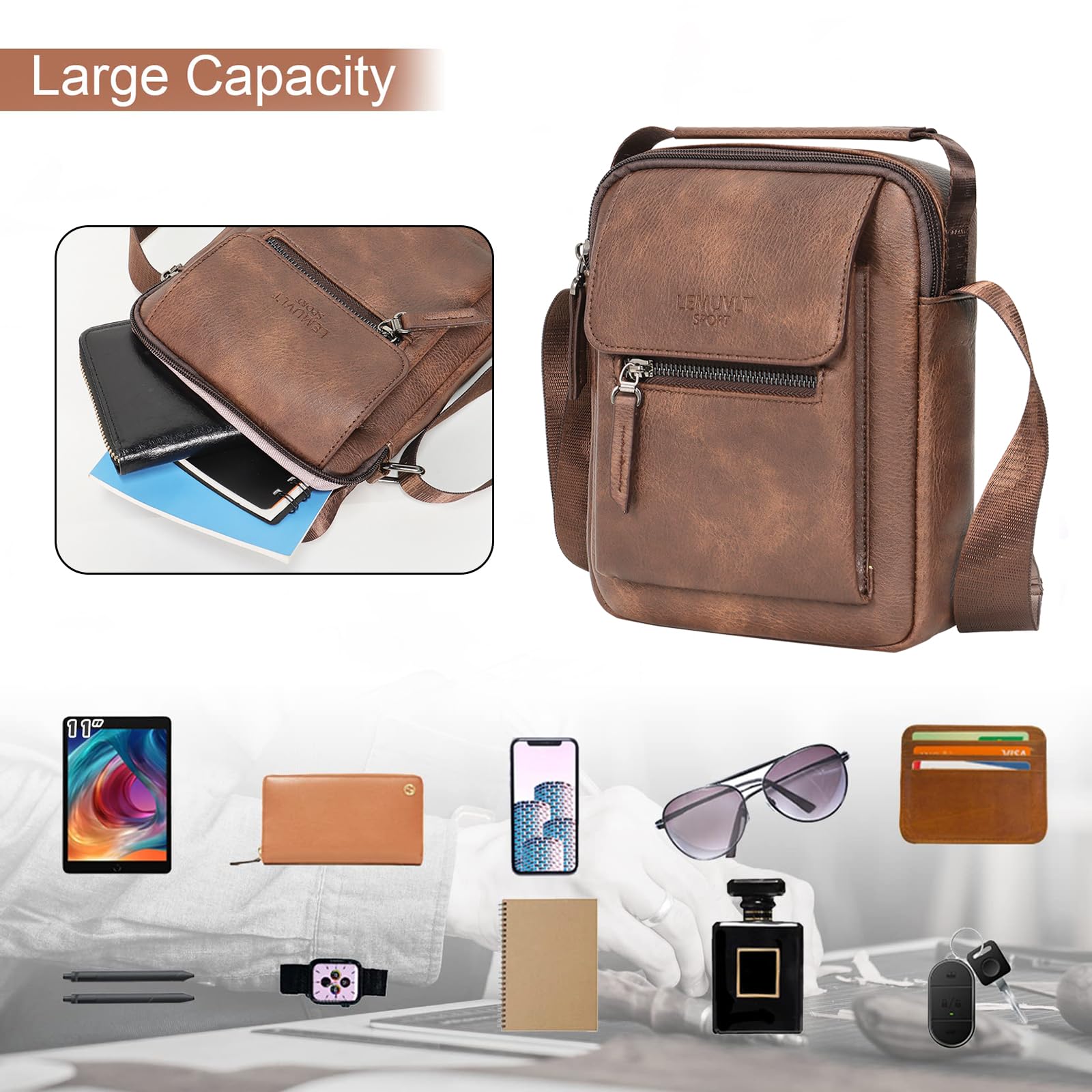 Leather Crossbody Bag for Men - Small & Medium Shoulder Bag, Messenger Satchel Purse - Perfect for Work, Travel & Daily Use