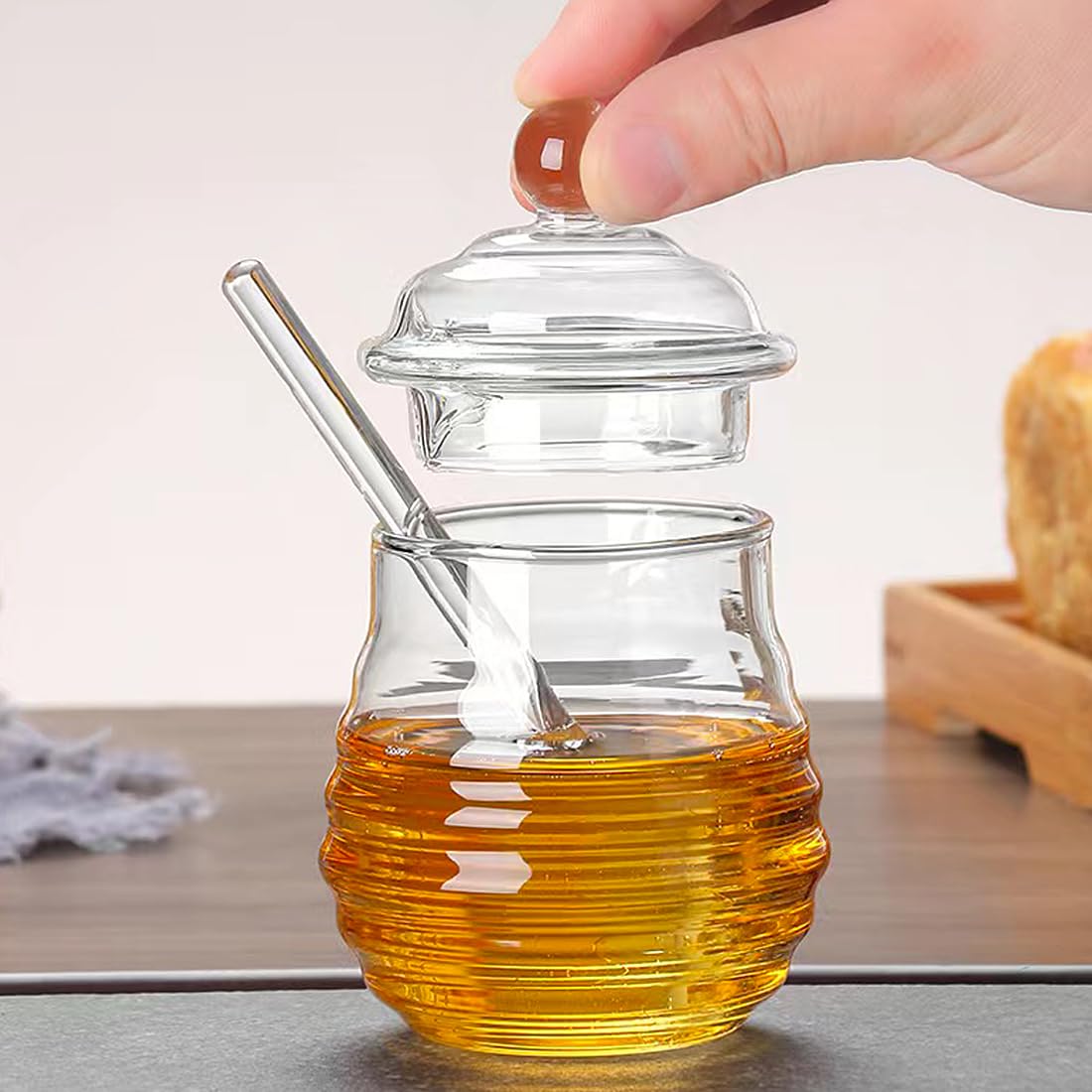 10oz Glass Honey Jar with Lid & Dipper - Heat Resistant Honey Storage for Kitchen, Coffee Bar & Gifts