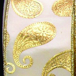 Ivory Satin with Gold Paisley Print Wired Craft Ribbon - 6