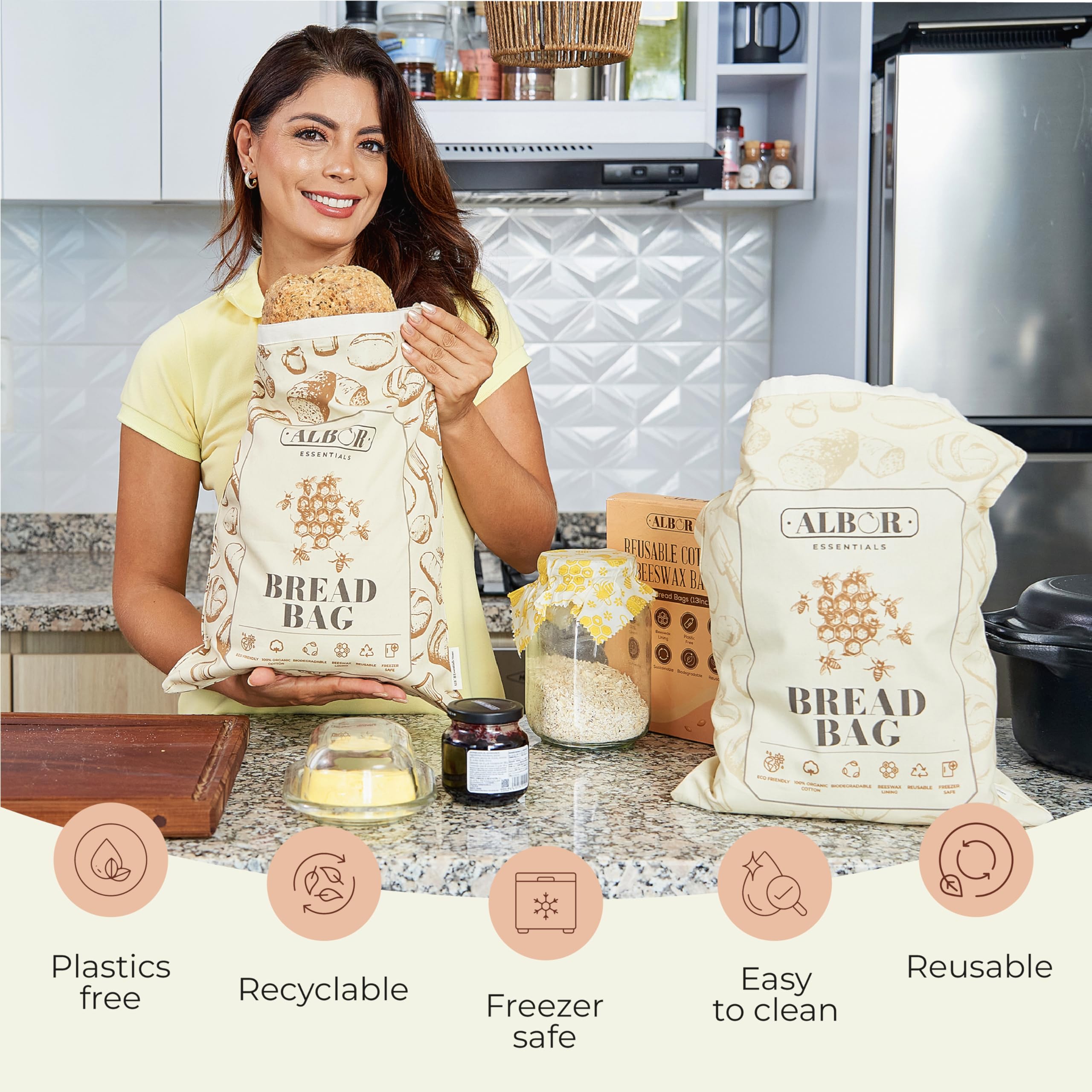 2 Pack Reusable Cotton Beeswax Bread Bags for Homemade Sourdough Storage - XL Eco-Friendly Food Wraps for Bread, Baguettes & Pastries - Perfect for Baking, Picnics & Zero Waste Kitchens