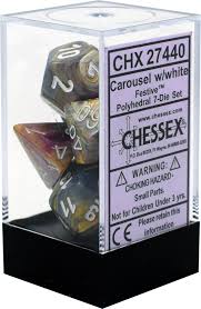 Chessex Polyhedral 7-Dice Set - Festive Carousel Design with White Numbers | Perfect for D&D, RPGs, Board Games & Tabletop Gaming