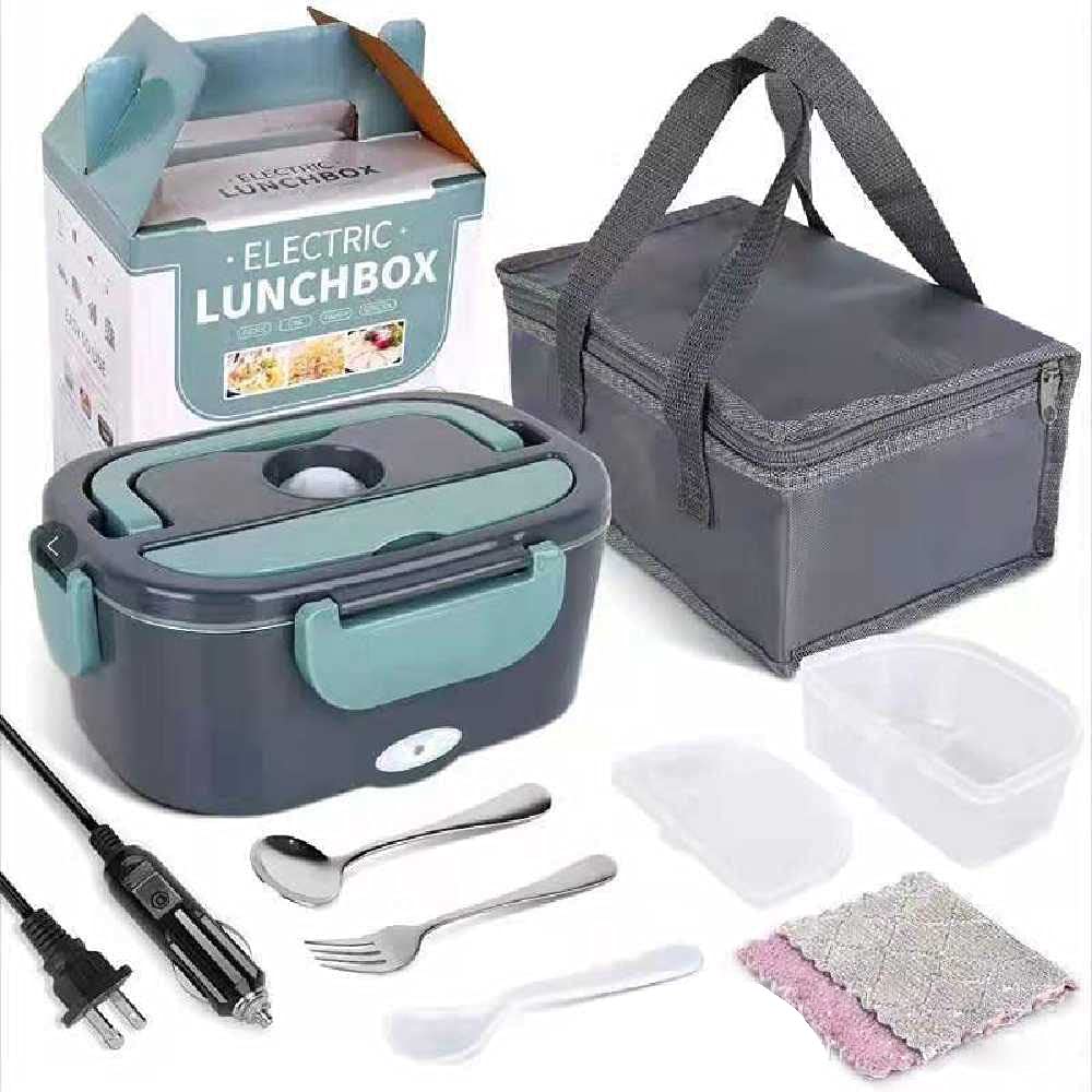 Portable Electric Lunch Box - Self Heating Food Warmer with Removable Stainless Steel Container, Fork & Spoon Included - No Water Needed - Perfect for Office, Car, Travel & Home Use (Green) - Microwave Safe Lunch Box for Adults & Kids