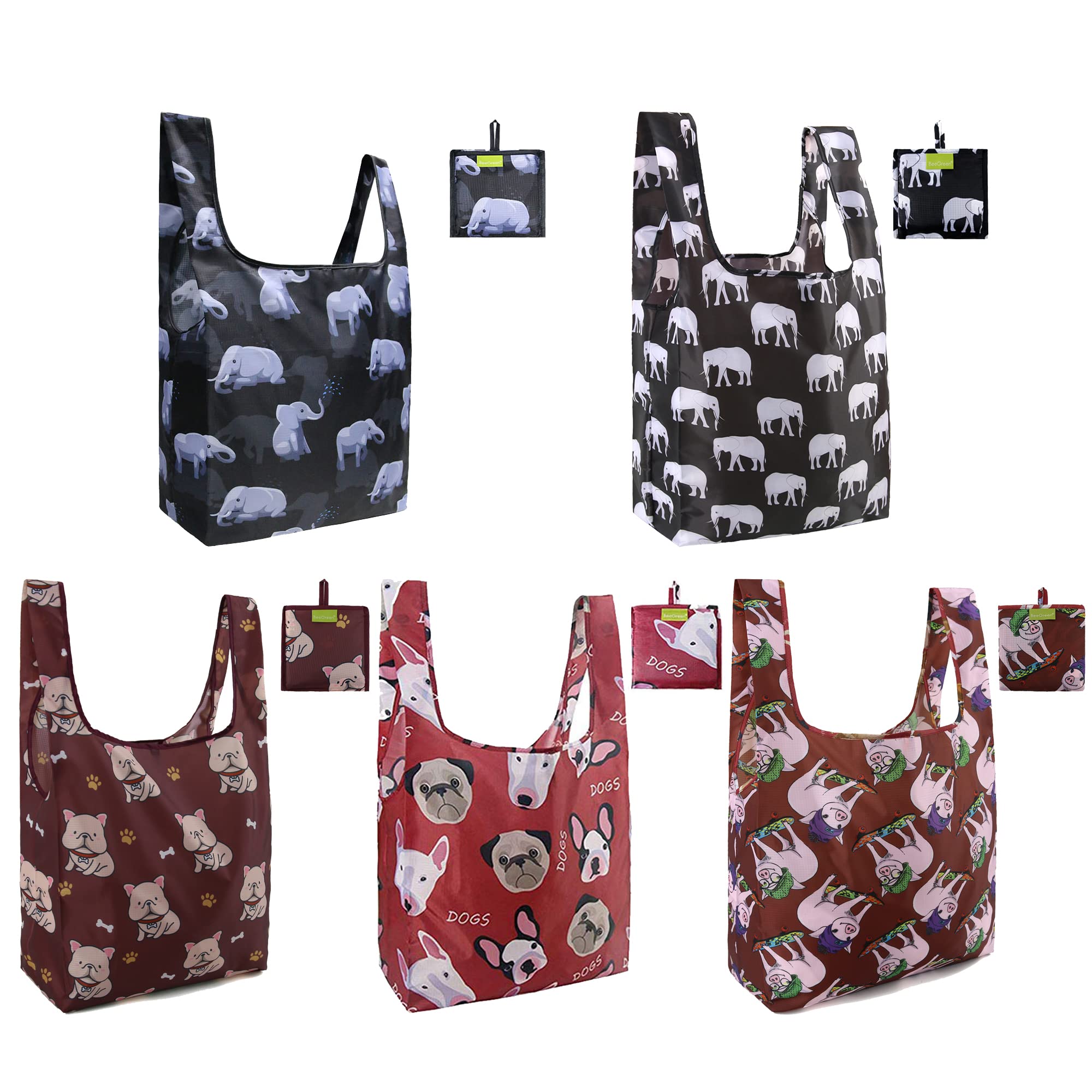 BeeGreen 5 Pack Reusable Grocery Bags - Eco-Friendly Washable & Foldable Shopping Totes for Groceries, Farmers Market & Travel - BPA Free & Durable