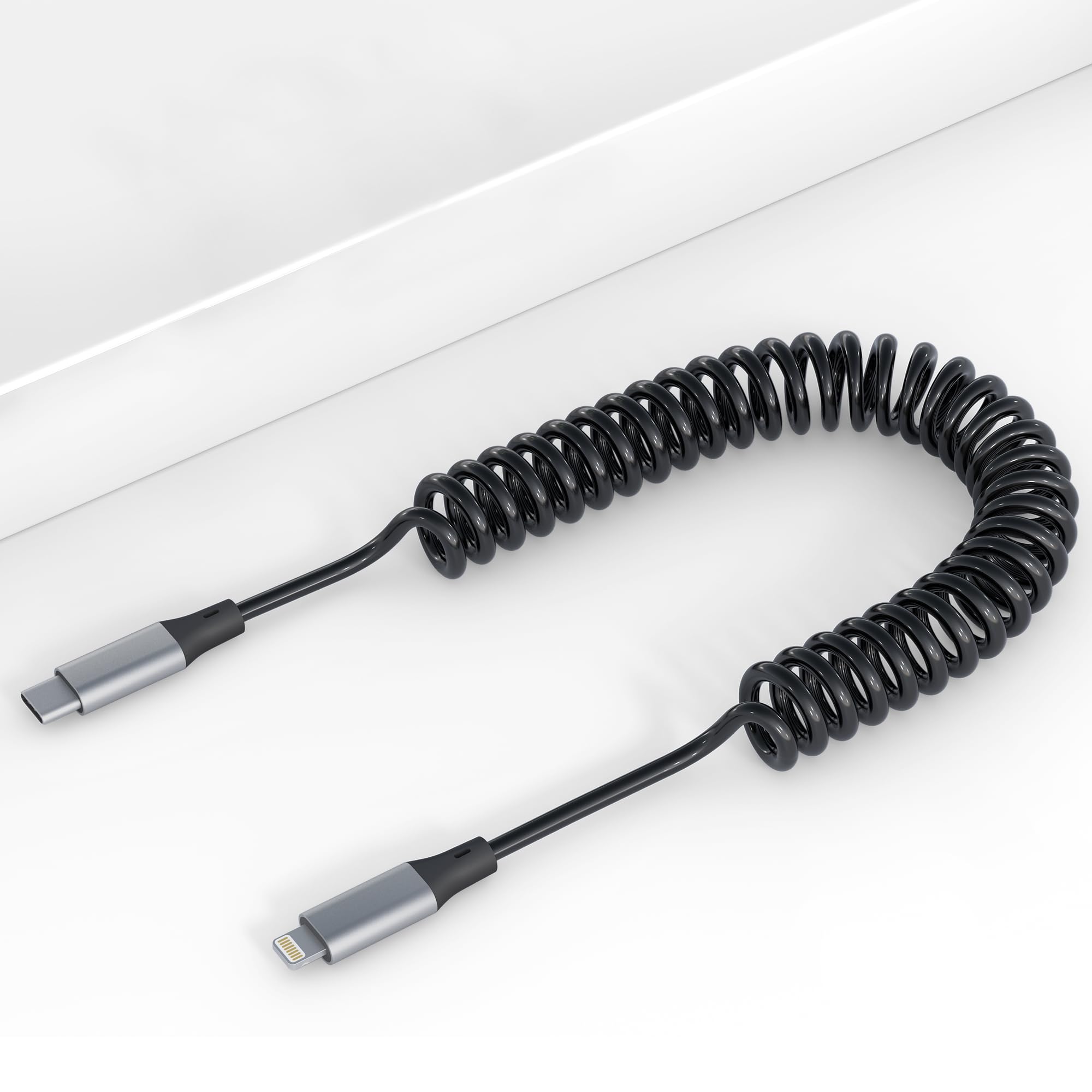 MFi Certified Coiled USB-C to Lightning Cable - Fast Charging & Data Sync for iPhone, iPad, iPod - Short Retractable Apple CarPlay Compatible Cord (Perfect for Car, Home & Office Use)