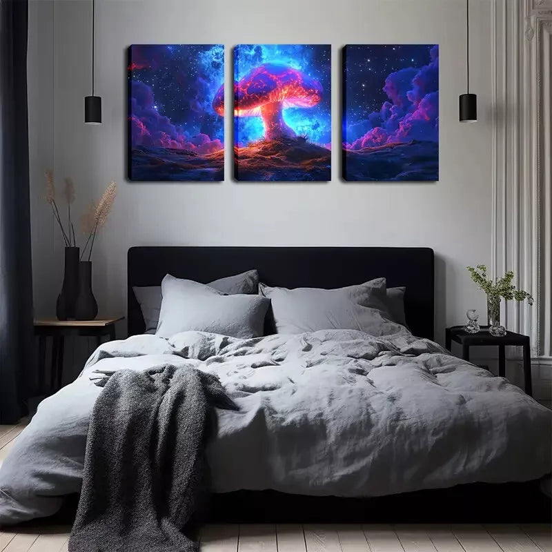 3-Piece Glowing Mushroom Wall Art Set - Framed Canvas 40x60cm - High Quality Print - 100% Australian Made - Ready to Hang - Perfect for Bedroom, Living Room & Nursery Decor