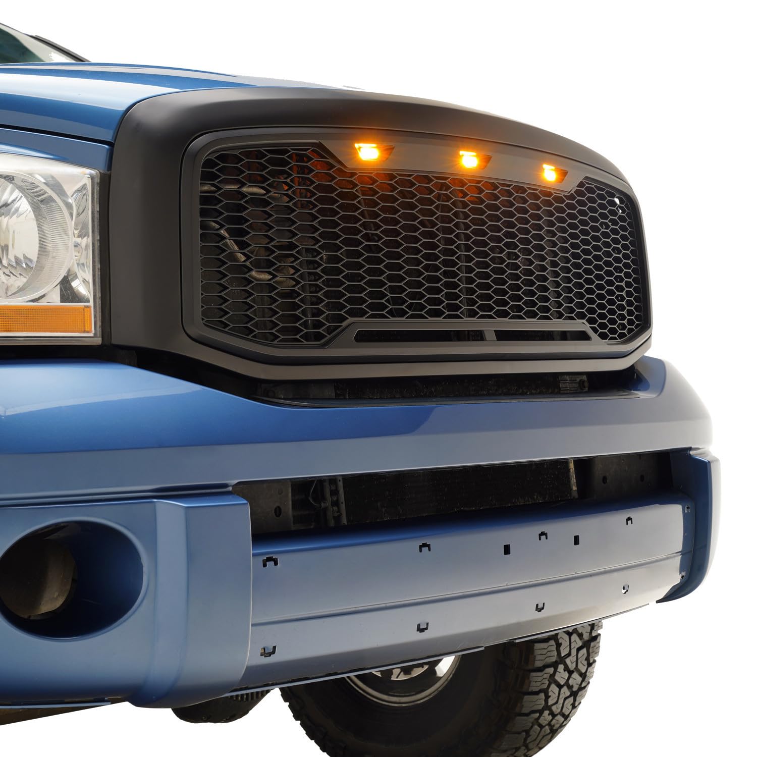 EAG Replacement Upper ABS Grille with Amber LED Lights - Matte Black for 06-08 Dodge Ram 1500 & 06-09 Dodge Ram 2500/3500 | Off-Road Style Upgrade & Enhanced Night Visibility