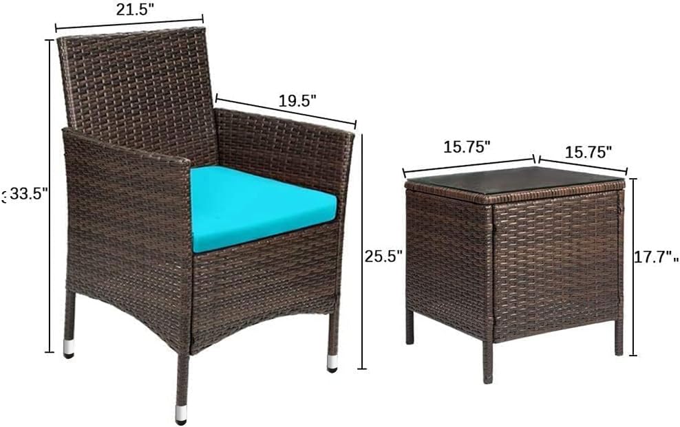 Devoko 3-Piece PE Rattan Wicker Patio Furniture Set with Table - Outdoor Garden Chairs for Porch, Backyard & Poolside (Brown/Blue) - Perfect for Relaxing, Entertaining & Sunbathing