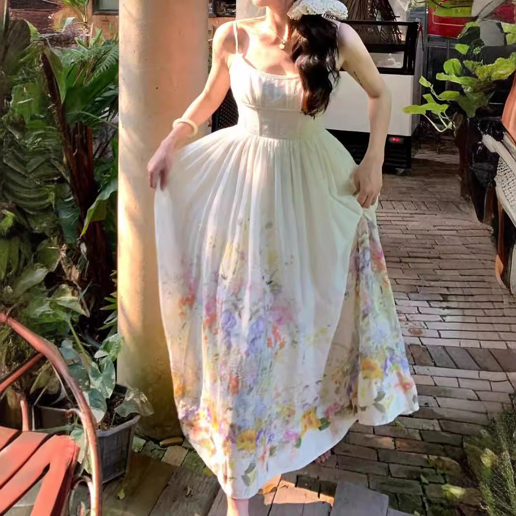 **2025 Spot High-End Vacation Floral Suspender Dress for Women - Summer Slim Waist Elegant Dress for Beach, Party & Romantic Getaways**