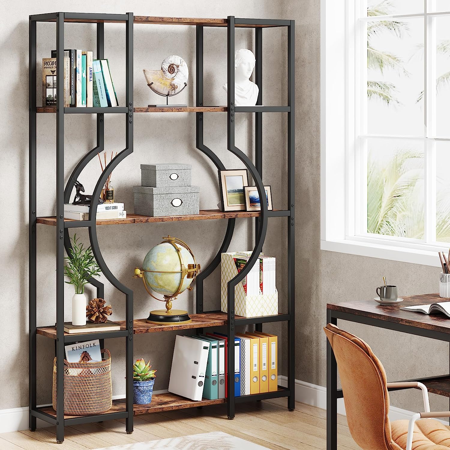 5 Tier Bookshelf - Industrial Style Bookcase with Metal Frame, Sturdy Storage Shelf for Home Office, Living Room & Bedroom Organization - Perfect for Books, Decor & Display