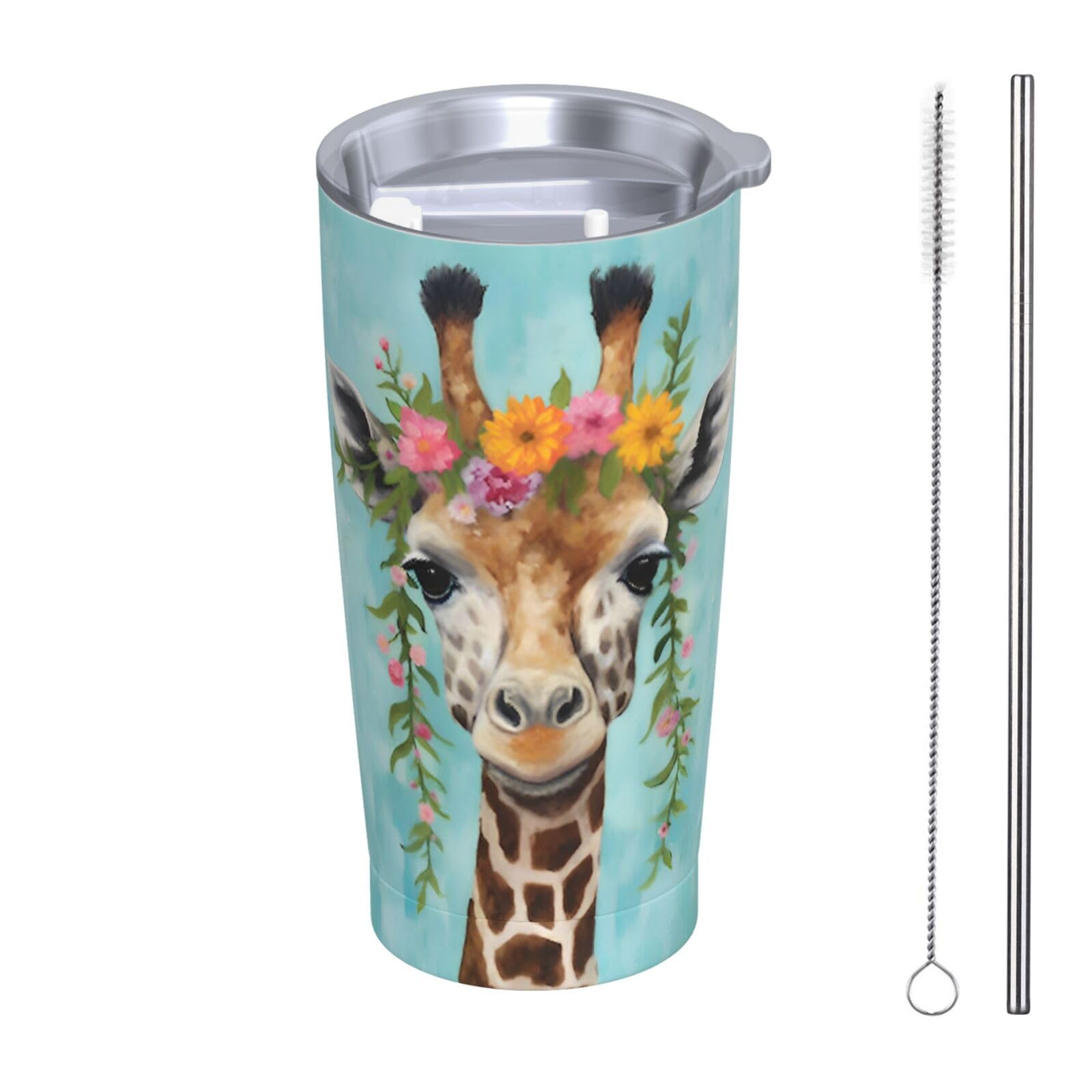 20 Oz Stainless Steel Vacuum Insulated Tumbler with Lid & Straw - Giraffe Floral Design for Hot & Cold Drinks - Perfect Travel Mug for Coffee, Tea, Water - Ideal Gift for Mom, Dad, Office, Gym & Outdoor Activities