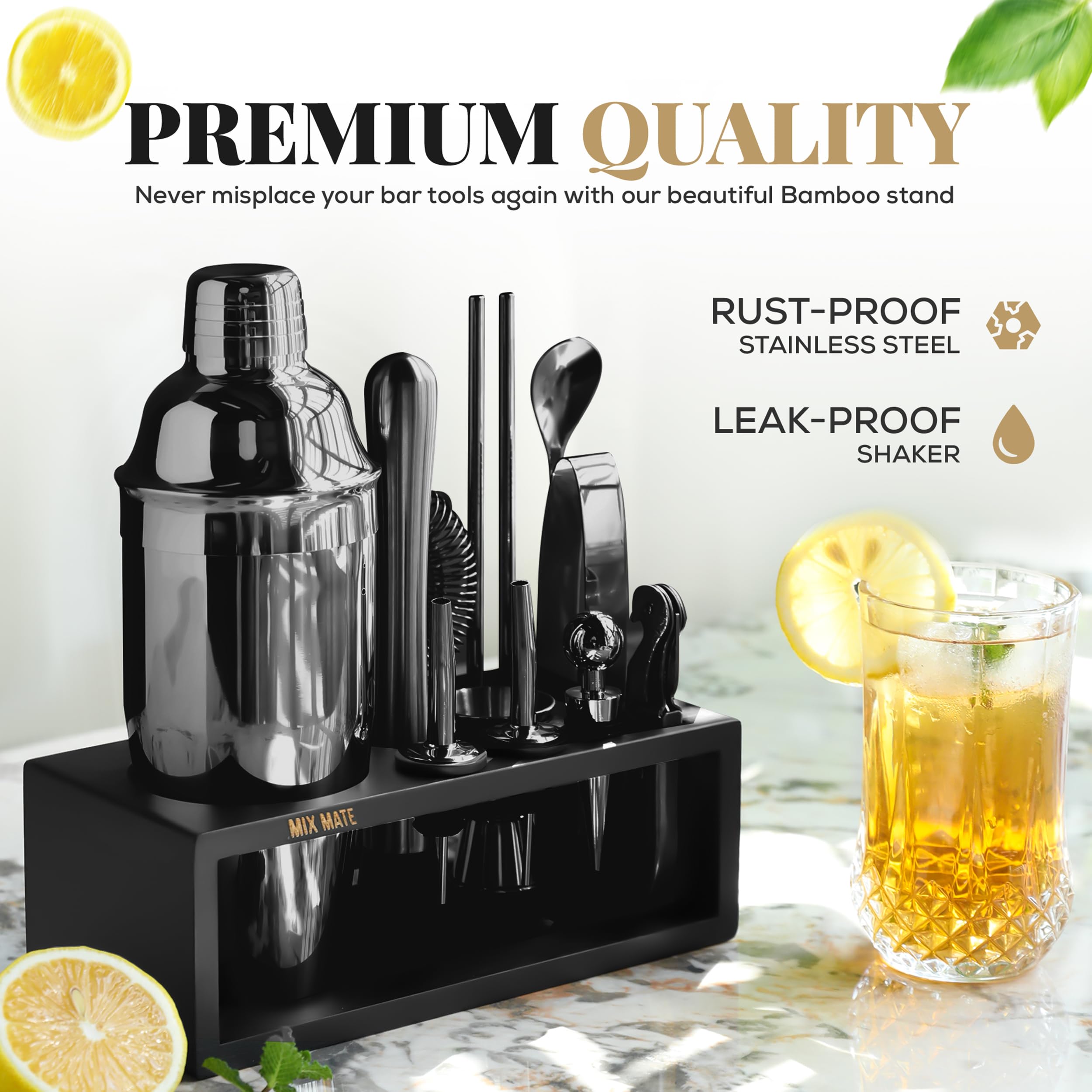 Premium 15-Piece Black Stainless Steel Cocktail Shaker Set with Wood Stand - Professional Bartender Kit Includes Drink Mixer, Bar Spoon, Jigger, Muddler, Strainer, Bottle Opener & More - Perfect for Home Bars, Parties & Mixology Enthusiasts
