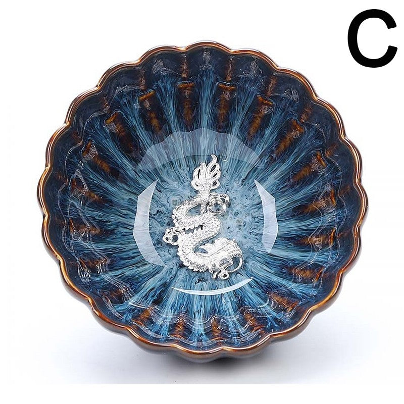Handmade Jianzhan Blue Glaze Gongfu Tea Cup - Authentic Japanese Style Ceramic Teacup with Sterling Silver Rim - Perfect for Matcha, Green Tea, and Tea Ceremonies