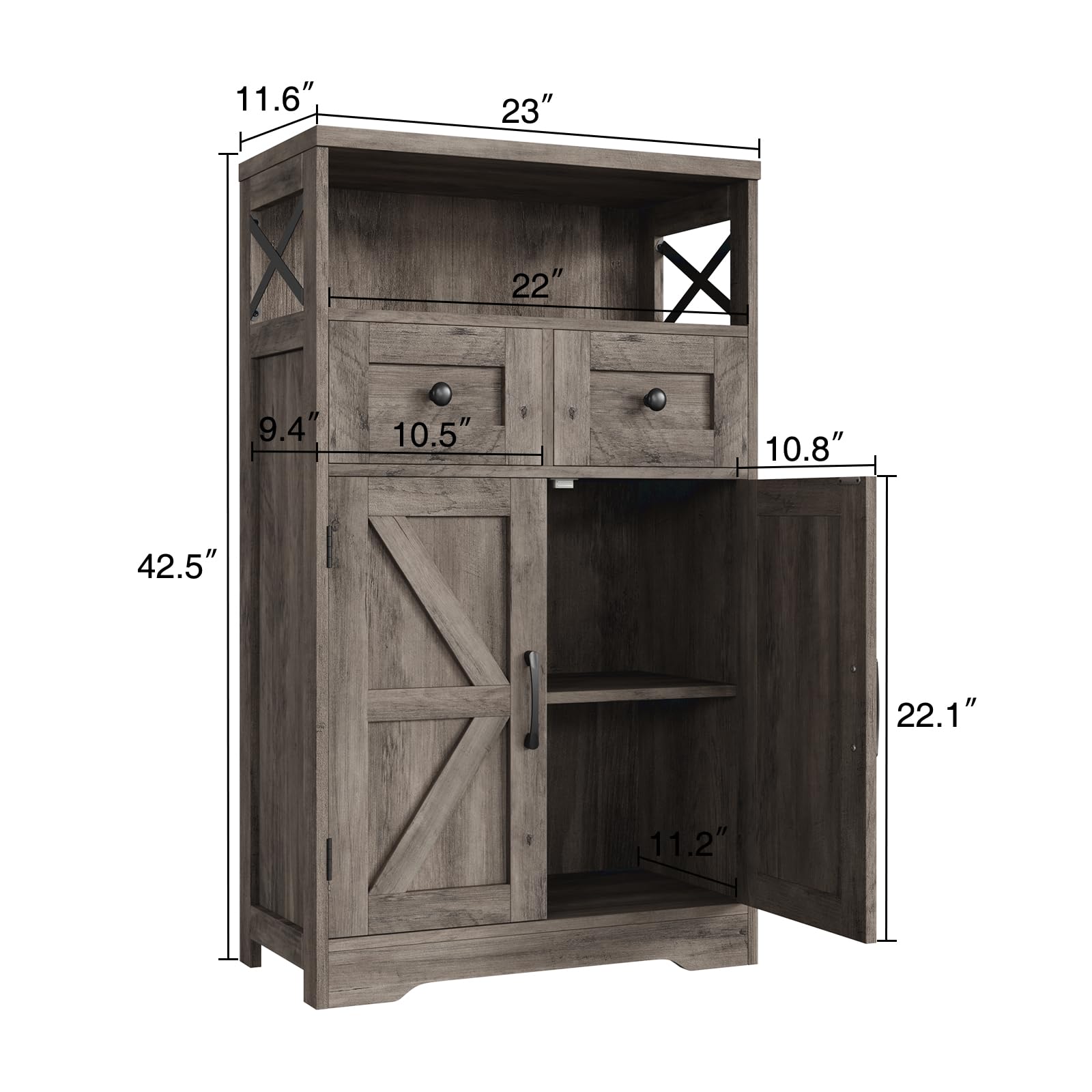 Rustic Grey Farmhouse Storage Cabinet with Drawers & Shelf - Freestanding Kitchen Pantry Organizer, Floor Cabinet Hutch for Home Office & Living Room - Perfect for Kitchen Storage, Home Organization & Farmhouse Decor