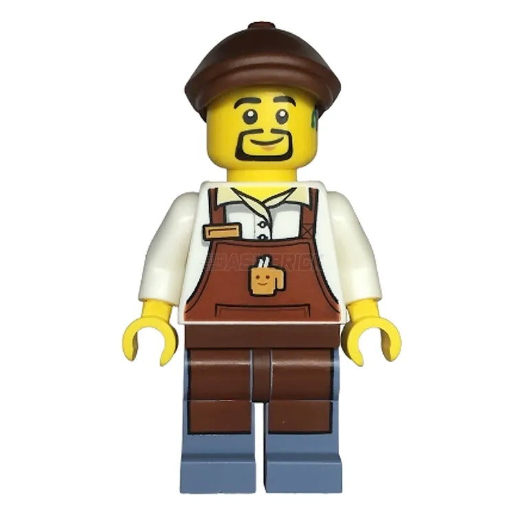 LEGO Minifigure Barista with Apron, Coffee Cup & Flat Cap - Hearing Aid Accessory - Perfect for Coffee Shop Role Play & LEGO City Scenes